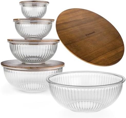 Stackable Space-Saving Set of 5 Nesting Glass Bowls with Acacia Lids for Foodprep, Storage, Mixing & Cooking - Microwave & Oven-ready BPA Free Durable Heat Resistant Inert Borosilicate Glass