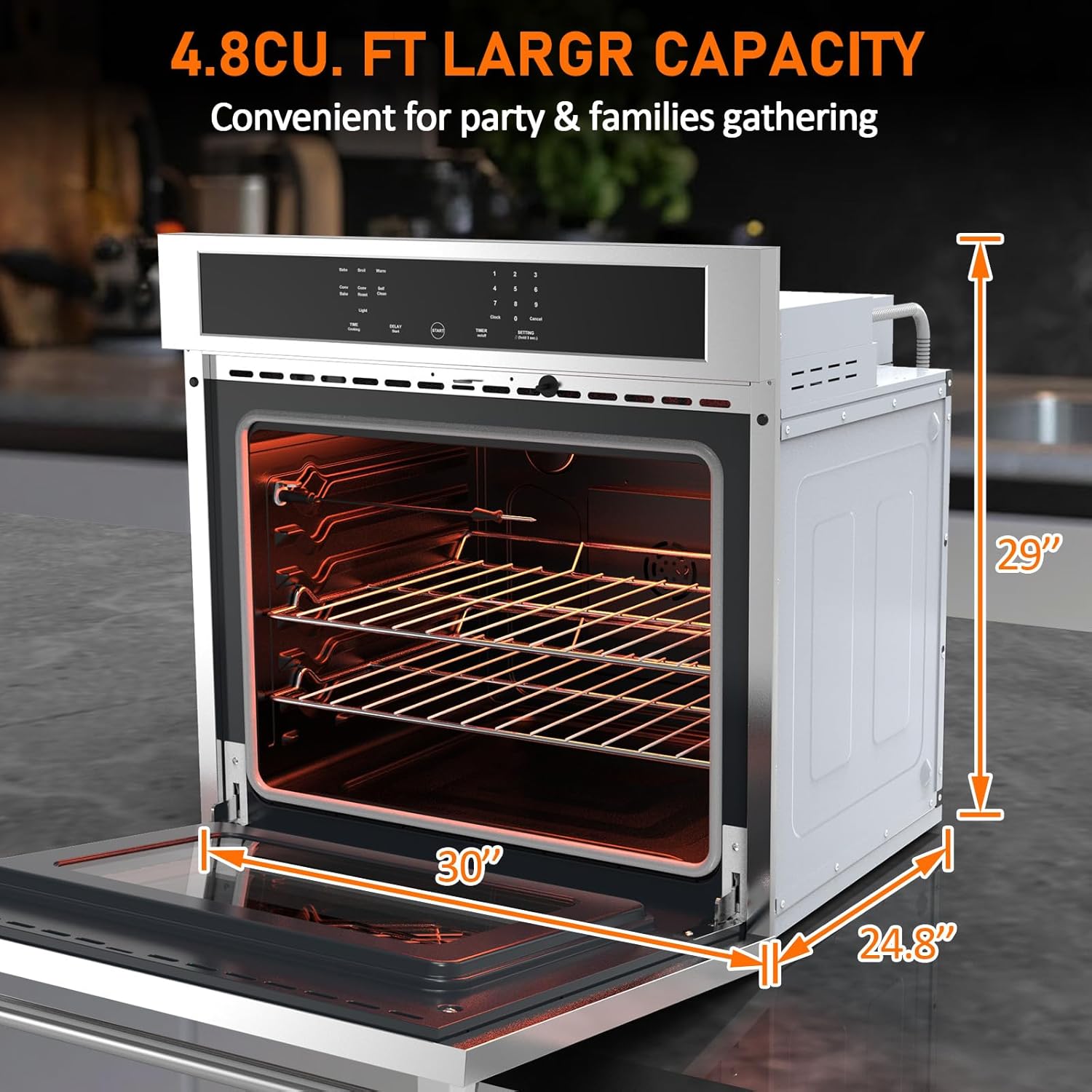 30 inch Electric Single Wall Oven with Convection Fan Touch Control, Large Oven Capacity, 360° Rotisserie, Fingerprint Resistant Stainless Steel