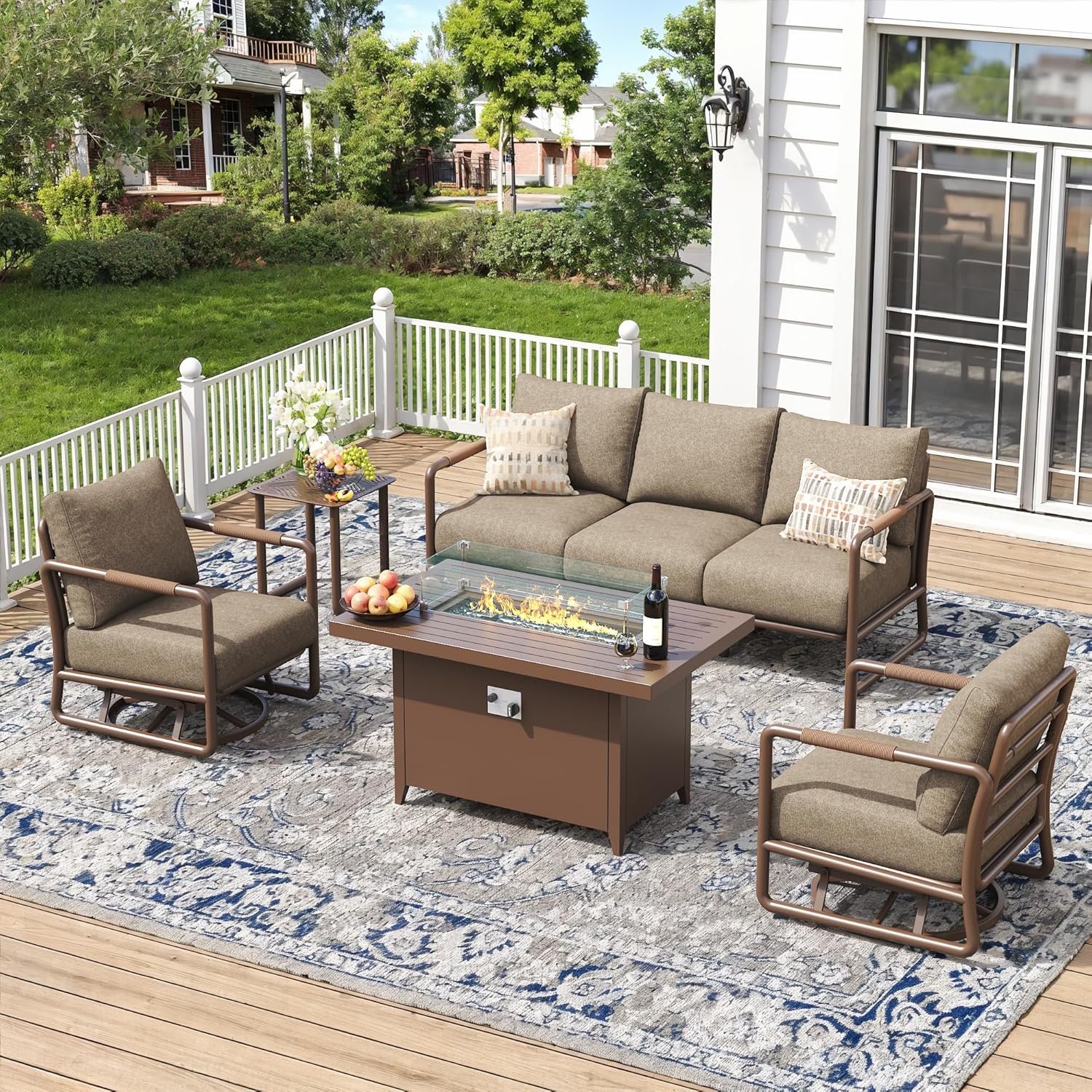 Outdoor Aluminum Patio Furniture Set, 5-Seats Patio Conversation Sofa Set with 2 Swivel Rocking Chairs and Oversized Fire Pit Table w/Glass Wind Guard, All Weather for Balcony, Garden-Brown