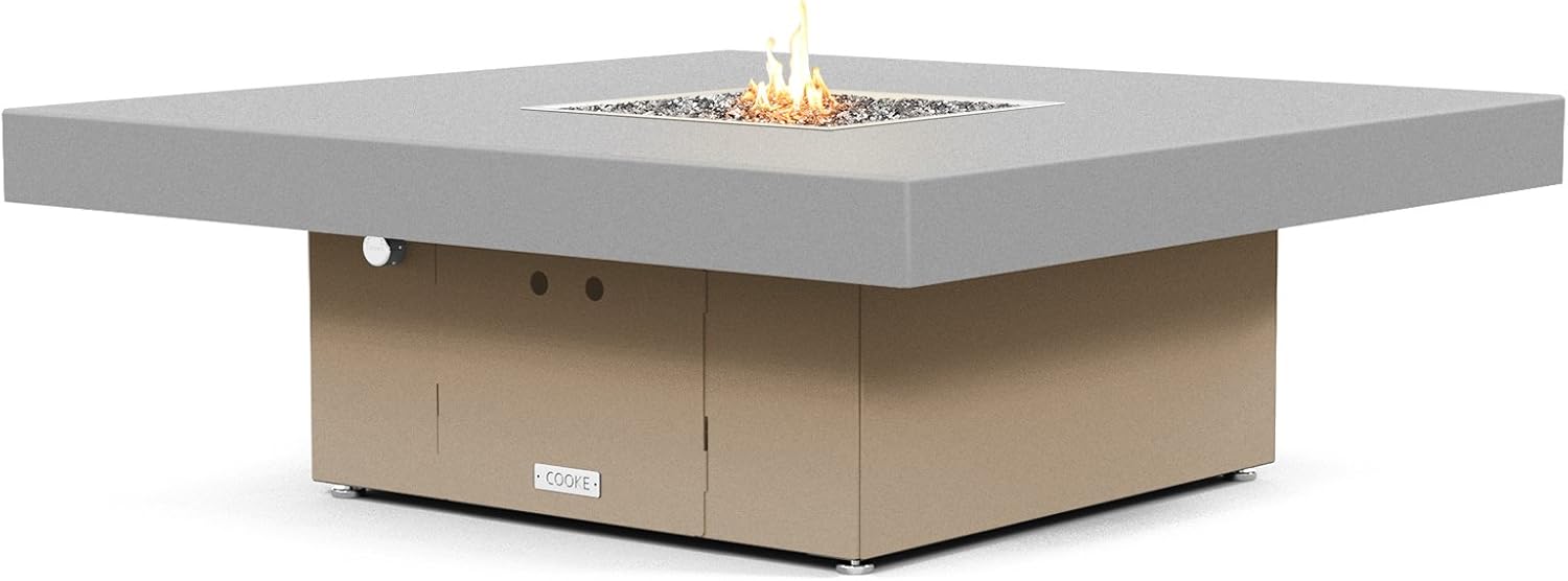 COOKE Santa Barbara 40 x 40 Square Fire Pit Table - Grey Powdercoat Aluminum Top - Natural Gas (Beige Powdercoat Base)