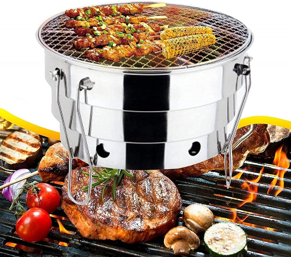 Folding Round Charcoal Grill, Stainless Steel BBQ Grills, Combination Grill, Smokers Grill with Portable Bag, for Outdoor Picnic Camping Patio Garden 28 x 21.5 cm