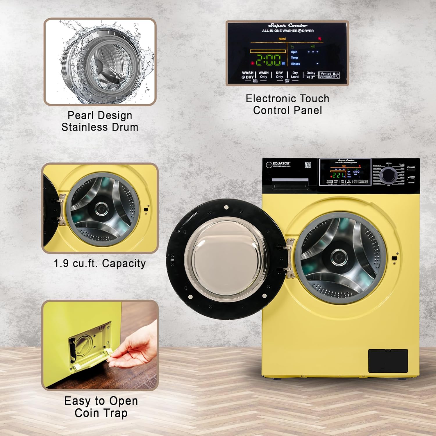 Equator All-In-One VENTED/VENTLESS Washer-Dryer 1.9cf/18lb 1400RPM 110V (Yellow/Black)