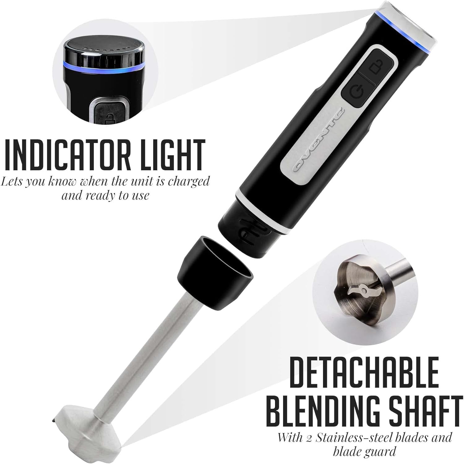 OVENTE Cordless Immersion Hand Blender, Rechargeable Handheld Portable Stick Mixer with 8 Mixing Speed Option, One-Touch Control and Stainless Steel Blades for Smoothies, Shakes or Soups, Black HR781B