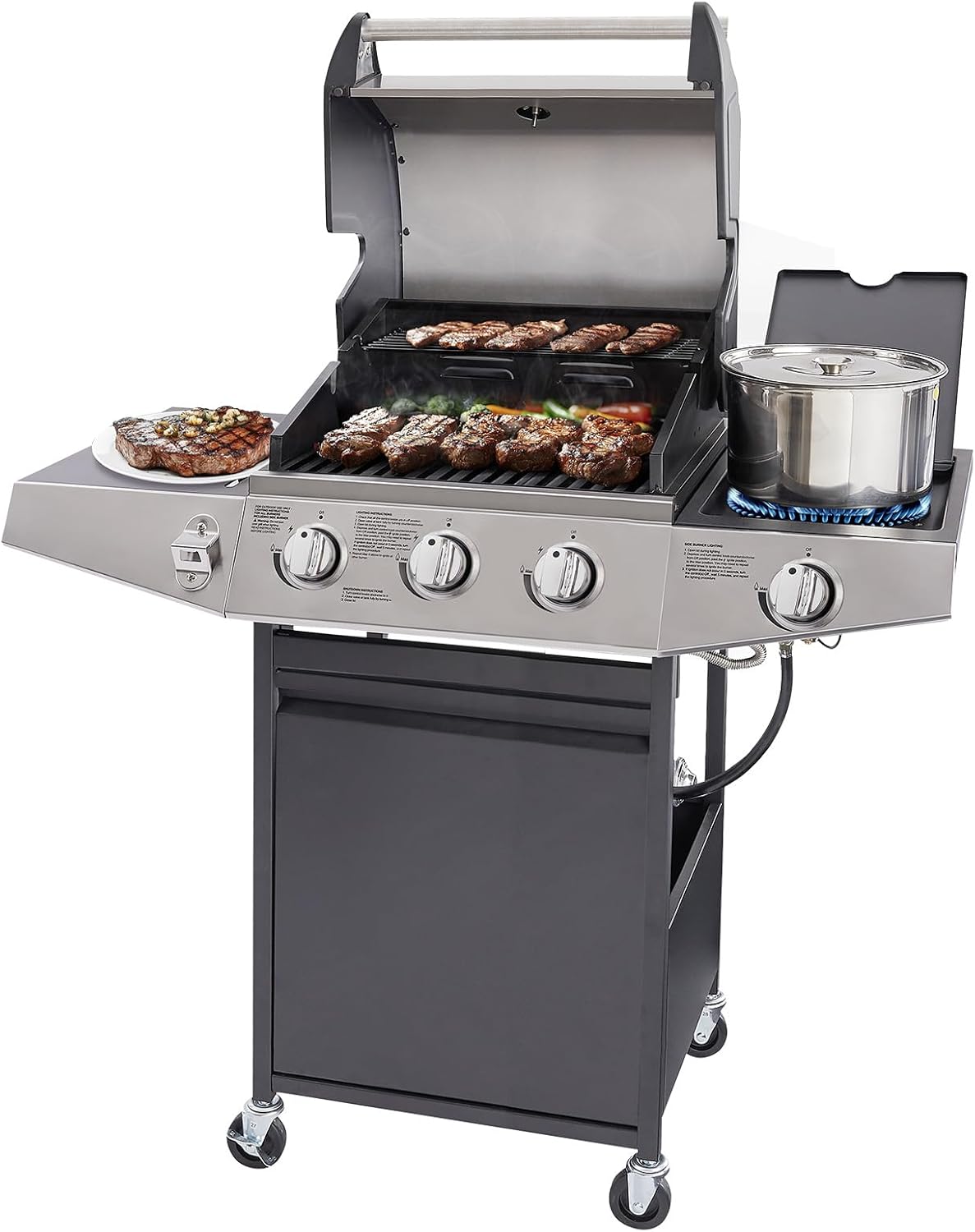 Unovivy 3-Burner Propane Gas Grill with Side Burner, Portable BBQ Grills with Oil Tray and Built-in Thermometer for Outdoor Barbecue, Camping, Patio, Backyard, 39,650 BTU