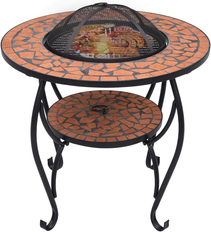 Multifunctional Fire Pit Table, Patio Decorative Table, Round Table for Camping, Outdoor Heating, Campfire and Picnic,Mosaic Fire Pit Table Terracotta 26.8
