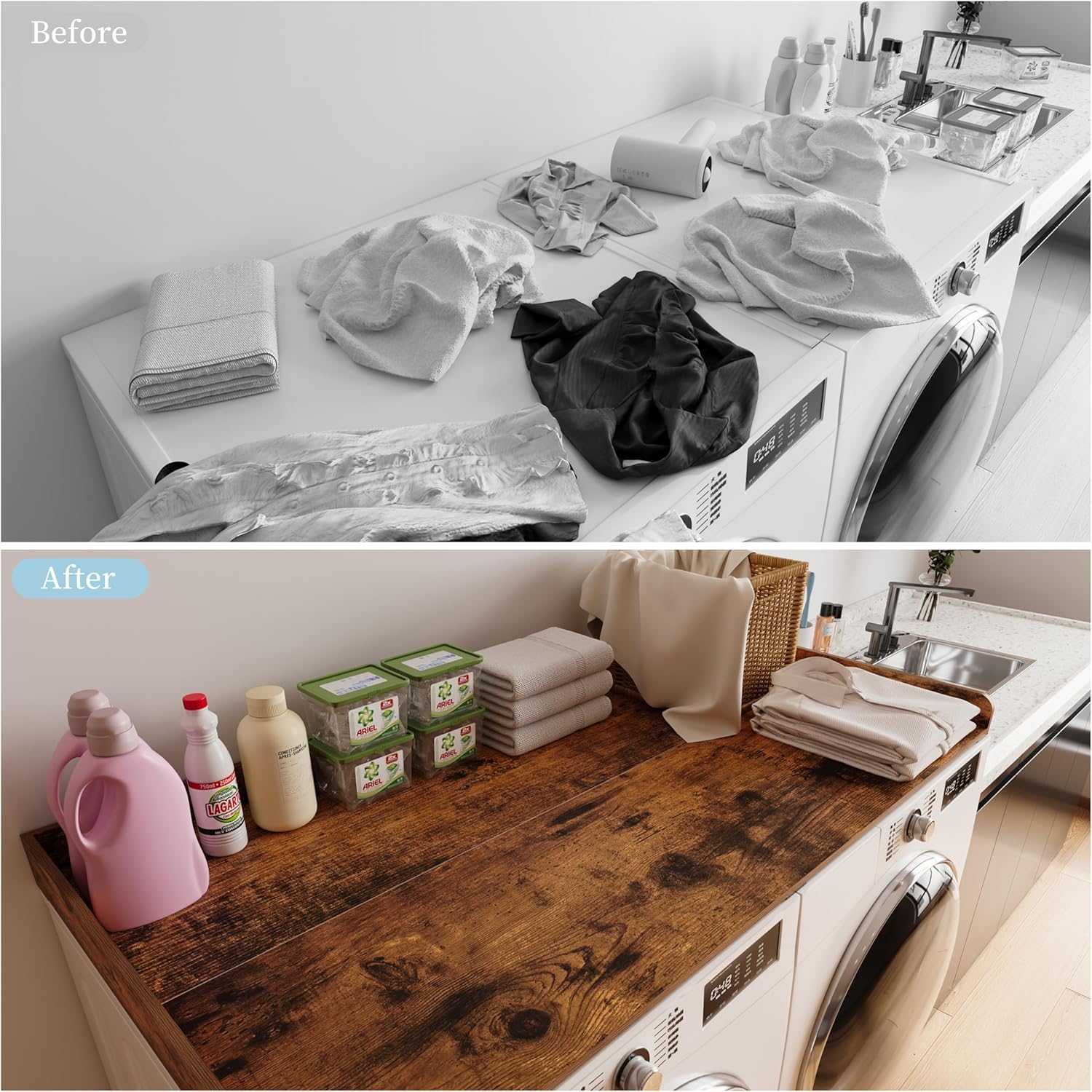 Washer Dryer countertop with Edge Rails and Non-Slip Mat,Wooden Laundry Countertop for Laundry Room Storage Organization (Rustic Brown, Full)