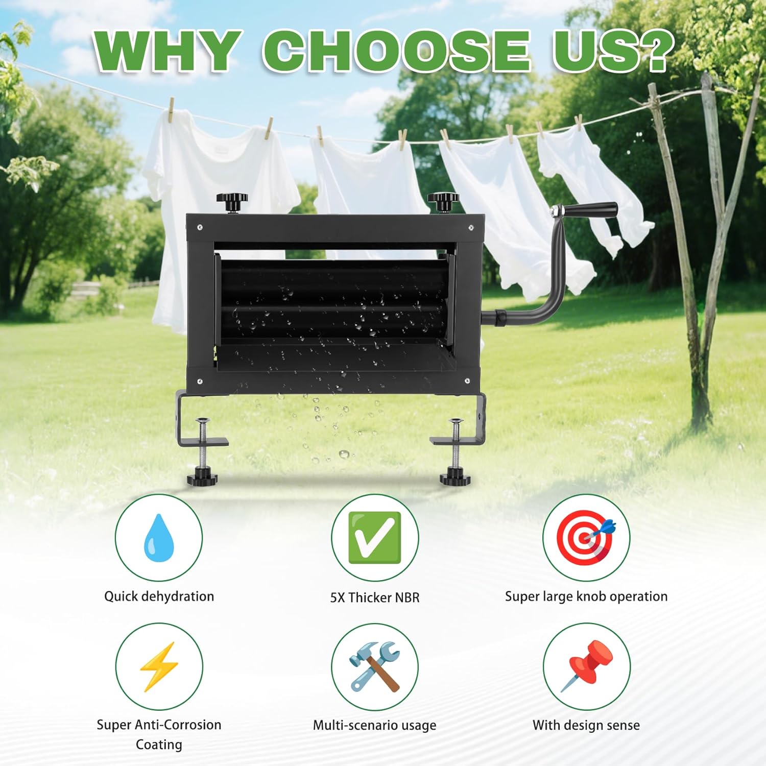 Upgraded Clothes Wringer，Double Adjustment Knobs-Heavy Duty Off-Grid Laundry Wringer for Towels，5X Thicker Rubber Rollers Remove 95% Water, Suitable for Use in Laundry, RV Travel, Car Washing.