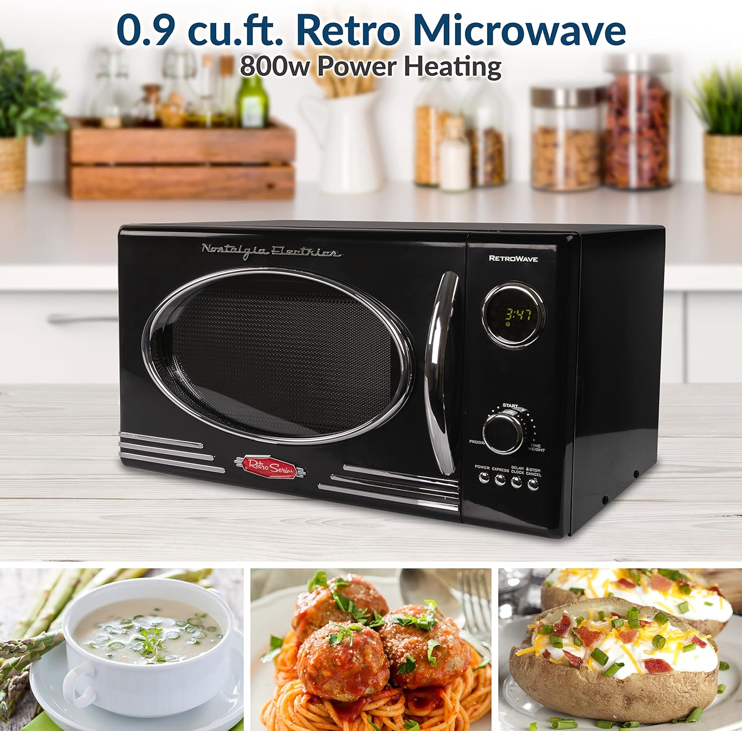 Nostalgia RMO4BK Retro 0.9 Cubic Foot 800-Watt Countertop Microwave Oven, 5 Power Levels and 12 Cook Settings, LED Display, Jet Black