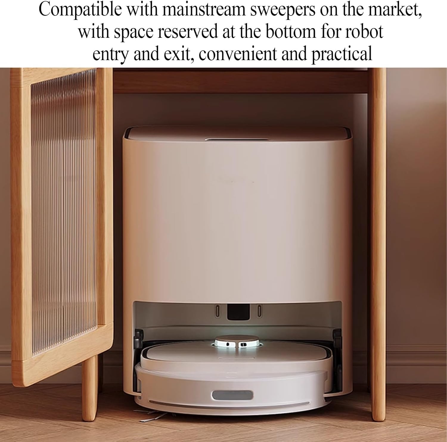 ANINGT Storage Cabinet with Doors and Drawers Robot Vacuum Hidden Cabinet, Modern Wooden Side Table with Removable Shelves (Natural, 50cm x 45cm x 90cm, Bedroom/Living Room)