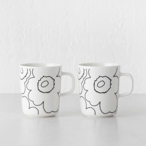 MARIMEKKO Oiva/Unikko Set of 2 White/Black Stoneware Mugs | Oiva/Piirto Unikko Coffee, Tea, Consommé 2-Cups (8.8oz each) Oven Microwave Dishwasher