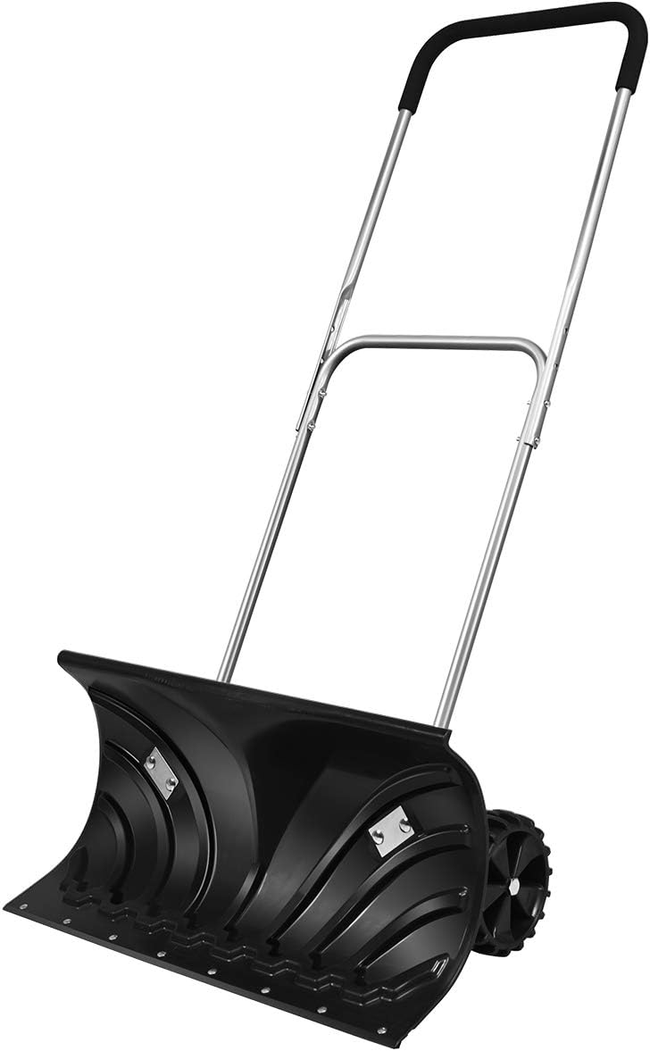 GYMAX Snow Shovel, Rolling Snow Pusher for Driveway, Heavy Duty Snow Plow Shovel with 26” Wide Blade, Built-in Wheels & Adjustable Handle, Wheeled Ergonomic Snow Removal Tools
