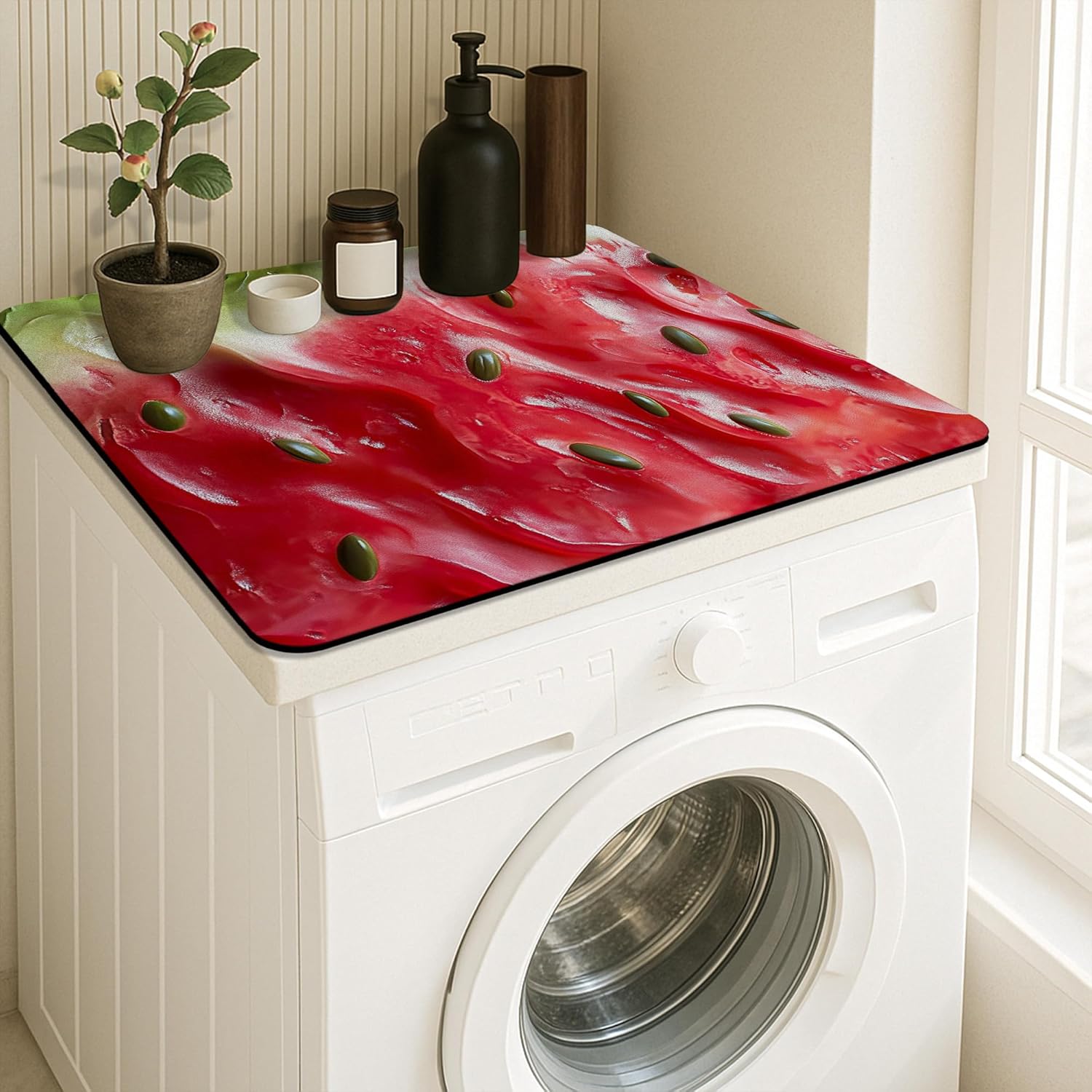 Watermelon Washer Dryer Top Protector Mat, Summer Refreshing Fruit Laundry Machine Dust Cover, Colorful Rubber Anti-slip Waterproof Washer And Dryer Mats for Laundry Room 24x24 Inch