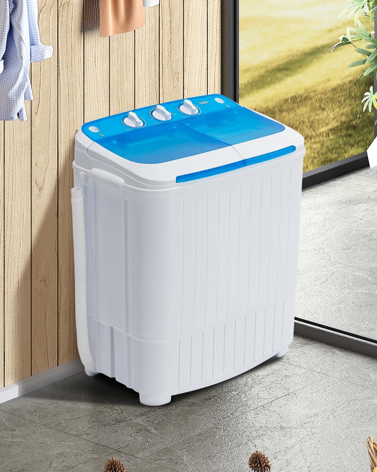 Portable Washing Machine,16.5LBS Mini Washer and Dryer,Wash and Spin Cycle Combo Twin Tub Compact Laundry Machine for Apartment Travel Dorms Rvs(White & Blue)