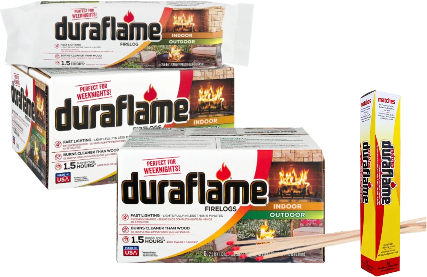 Duraflame Fast-Lighting Firelogs – 2.5lb/1.5 Hour Burn, Clean Burning, Indoor/Outdoor Fireplace & Fire Pit Logs, Eco-Friendly Recycled Wood & Renewable Fibers (2 Pack + Matches)