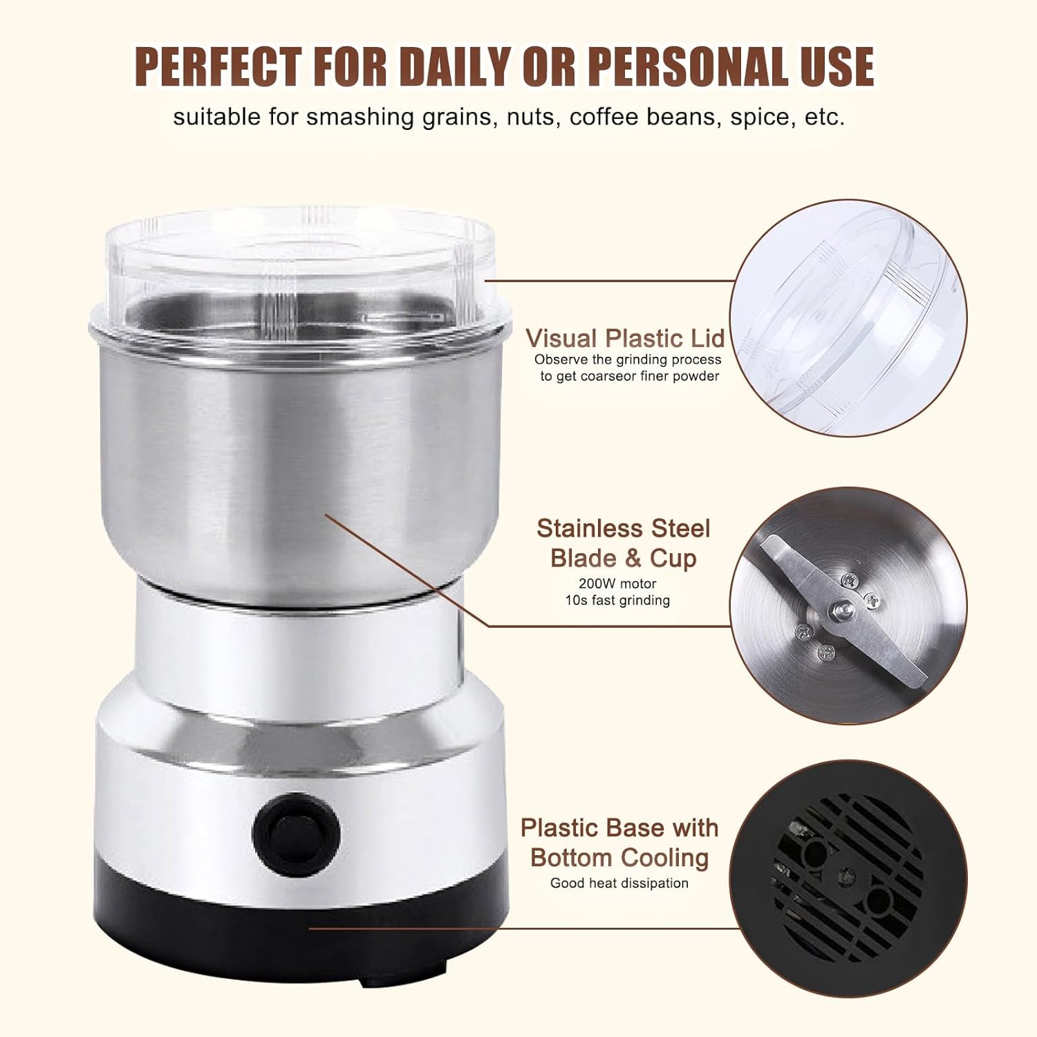 Mini Spice Grinder, Electric Coffee Grinders for Home Use, Household Small Stainless Steel Mill Blender Grinding Machine, Dry Grain Mill for Spices Rice Beans, OSFA