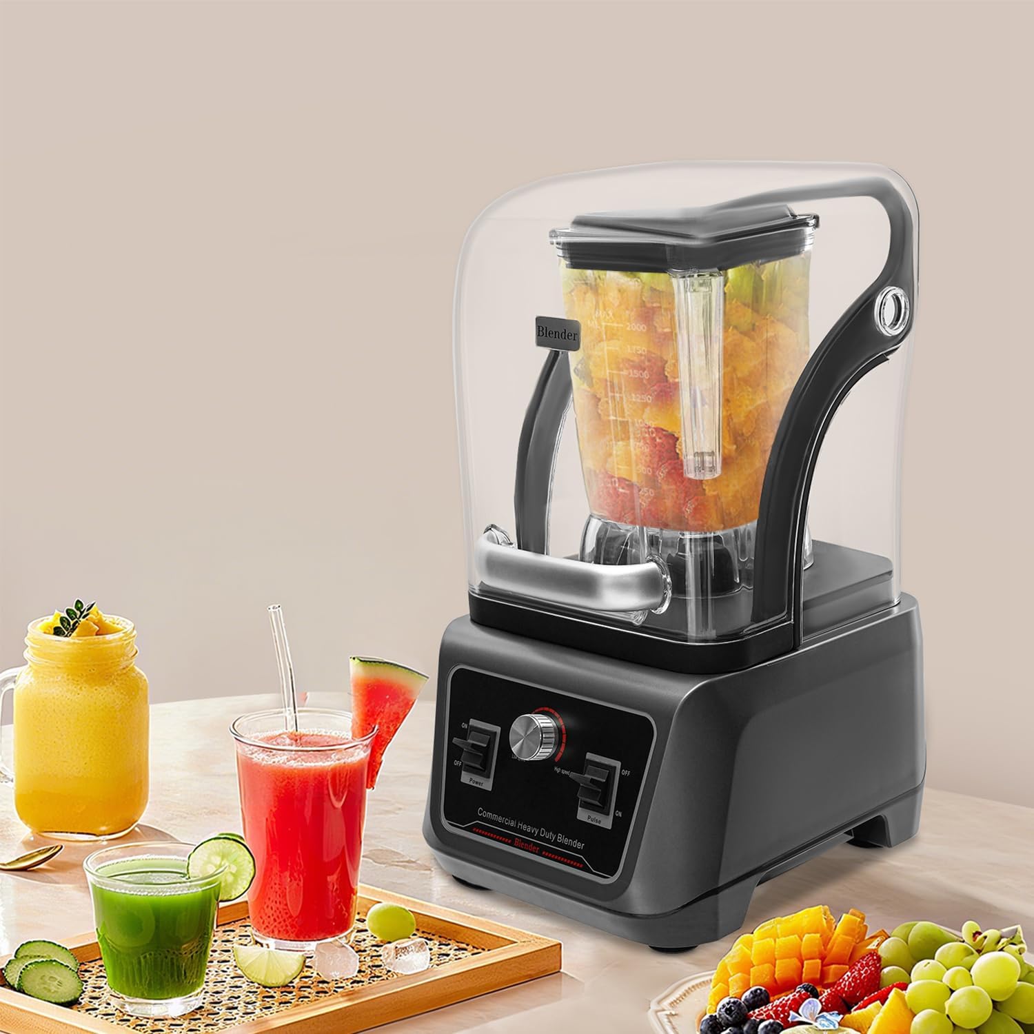 Commercial Blender with Soundproof Shield, 2200W Professional Blender for Smoothies Adjustable Speed 68oz Multifunctional Blenders with Food-Grade Blades & Cup for Juices Ice Crushing
