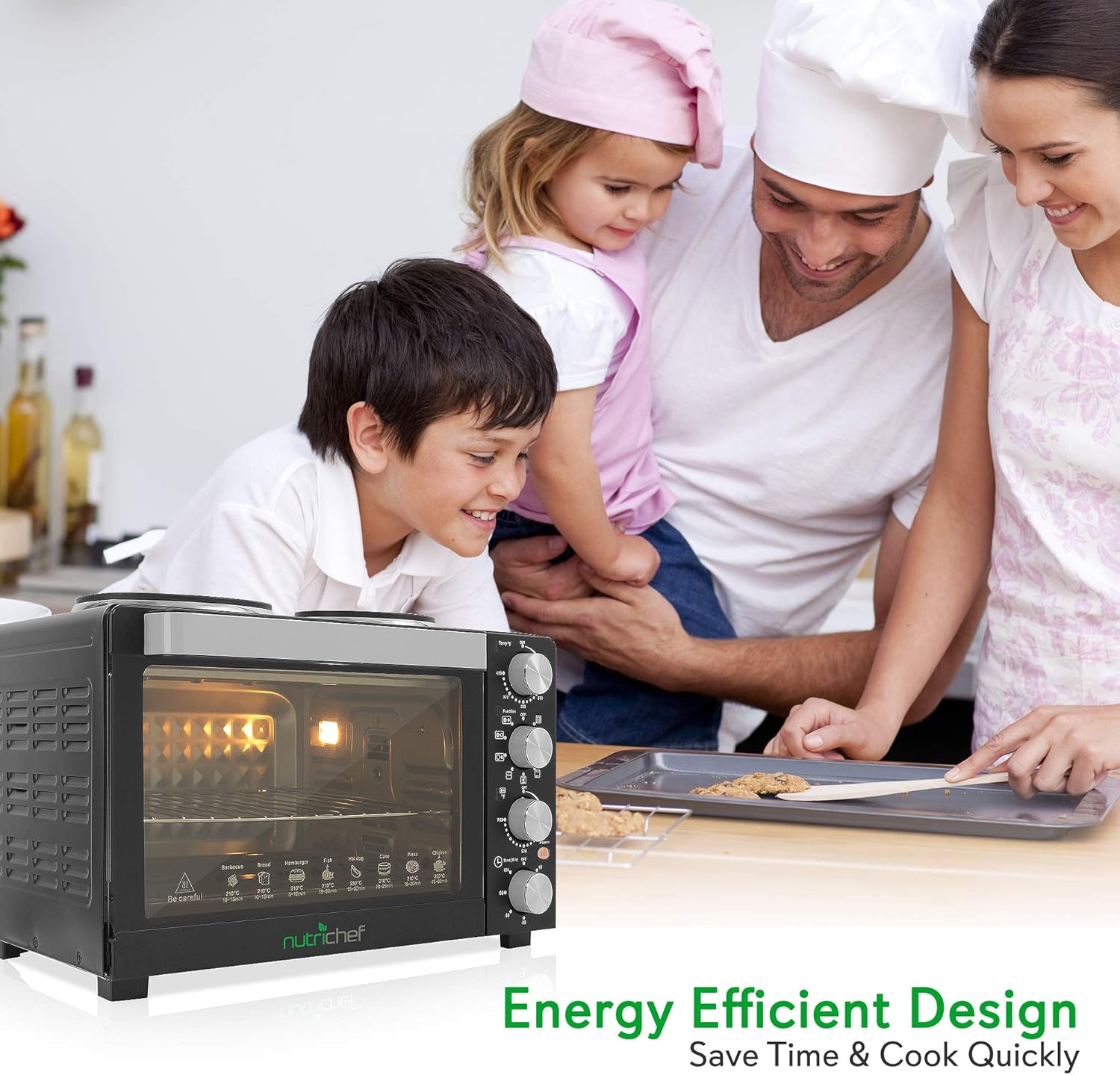 NutriChefKitchen 30 Quarts Kitchen Convection Oven - 1400 Watt Countertop, Rotisserie Roaster Grill, Top Rack, Dual Hot Plates, Toaster, Baking Tray, PKRTO29