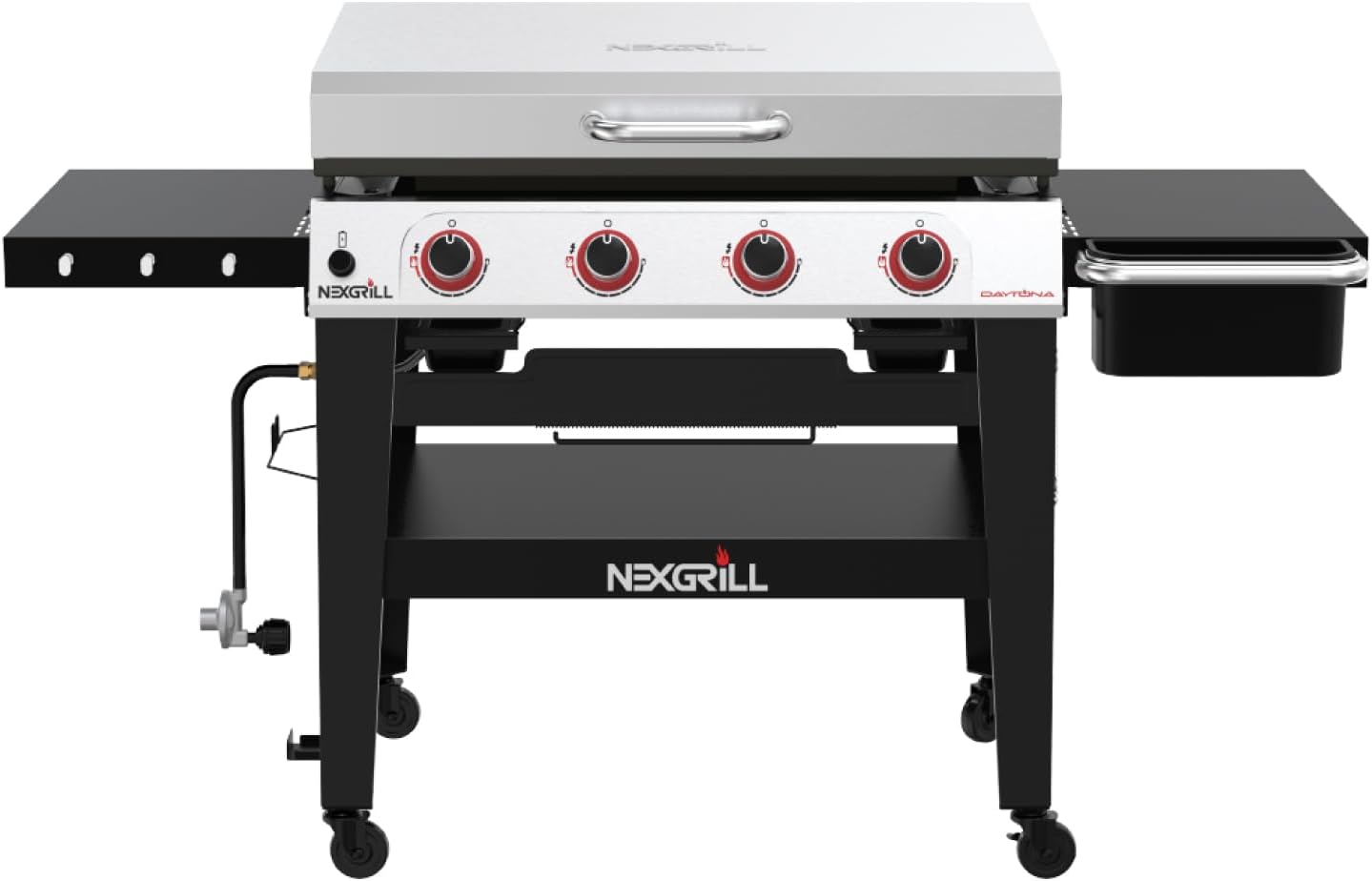 Nexgrill Daytona 4-Burner Propane Gas Griddle with Side Tables, 60000 BTU Flat Top Grill, 756 SQ In. Hot-Rolled Steel Cooking Space, Outdoor Cooking Barbeque, Black with Stainless Steel Lid - 720-1058