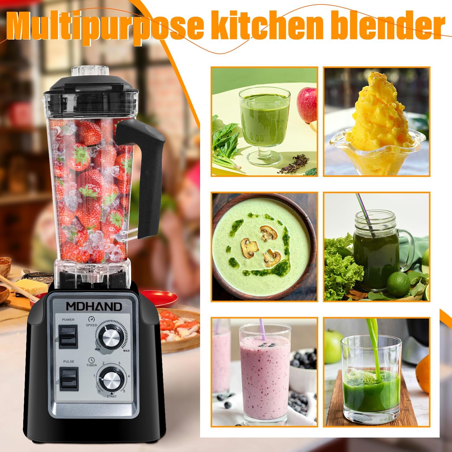 Professional Blender for Smoothies, Powerful 1400W Smoothie Blender, 68oz Large Capacity with 2 To-Go Cups, 6 Stainless Steel Blades, Kitchen Blenders for Smoothies, Ice Crushing & Frozen Fruit