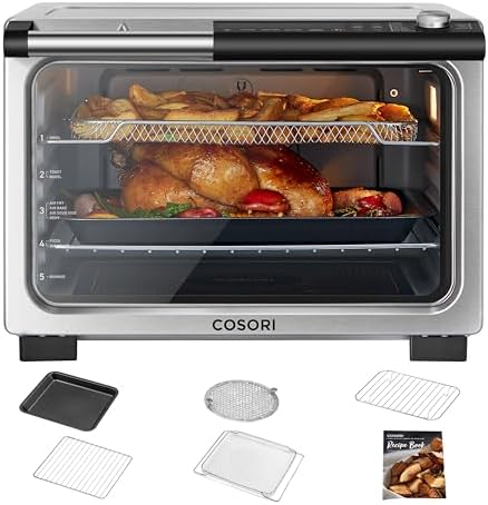 COSORI 11-in-1 Ceramic Air Fryer Toaster Oven Combo, Flat-Sealed Heating Elements for Easy Cleanup, Innovative Burner Function, 5 Accessories & Recipes, 26QT, Silver, Stainless Steel