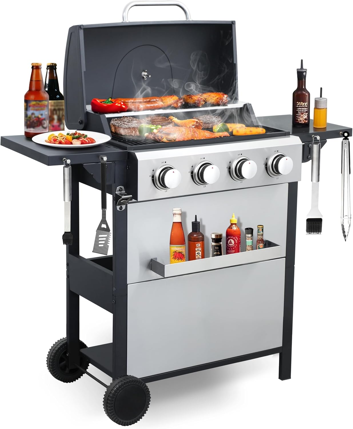 4-Burner Propane Gas Grill, Stainless Steel Control Panel, Easy Ignition, Temperature Gauge, 2-Enameled Cooking Grids, Portable With Wheels For 34,200 BTU Outdoor Barbecue BBQ Grill