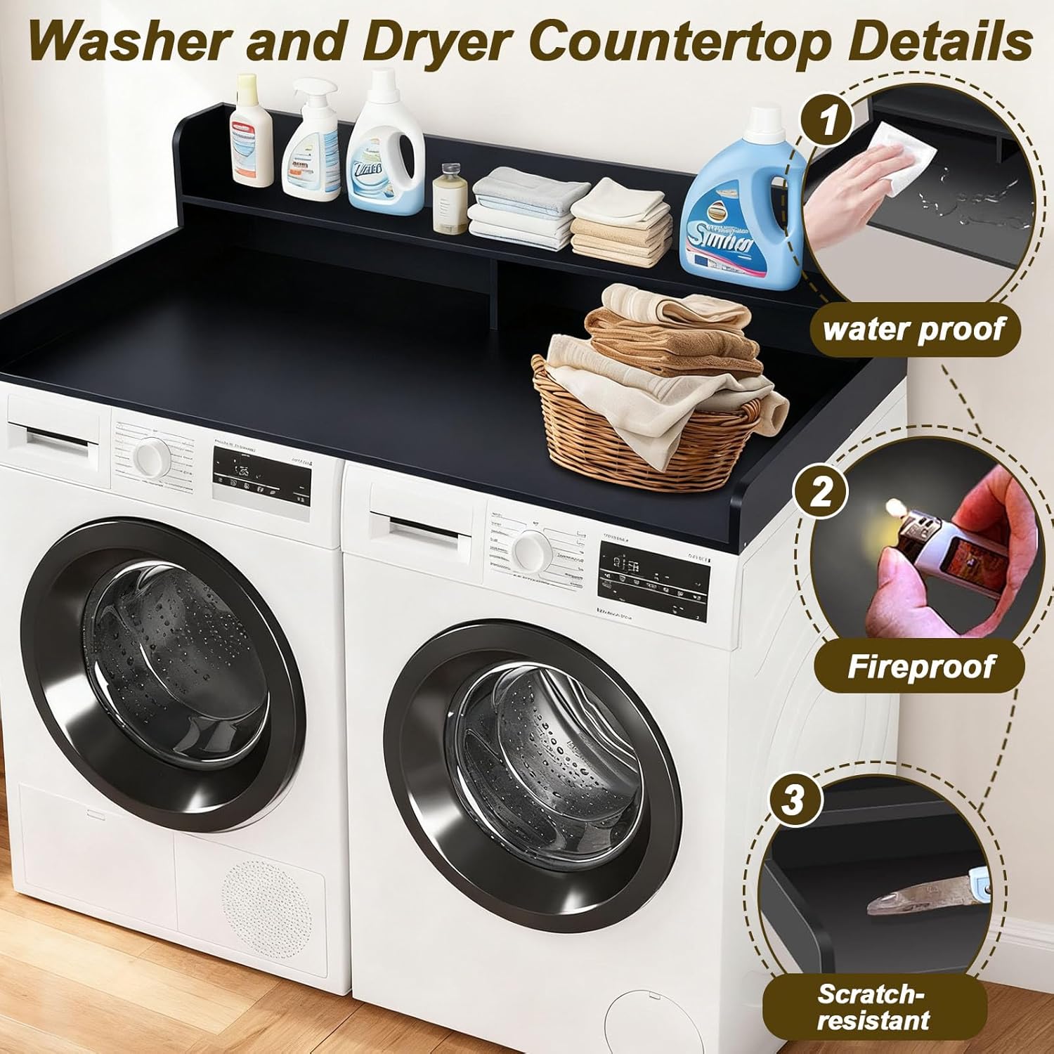 2-Tier Washer Dryer Countertop Washing Machine and Dryer toppe Wood Washer Dryer Counter with Shelf Laundry Countertops with Non-Slip Mat,for Folding Clothes,Black,L54×W27.5×H12