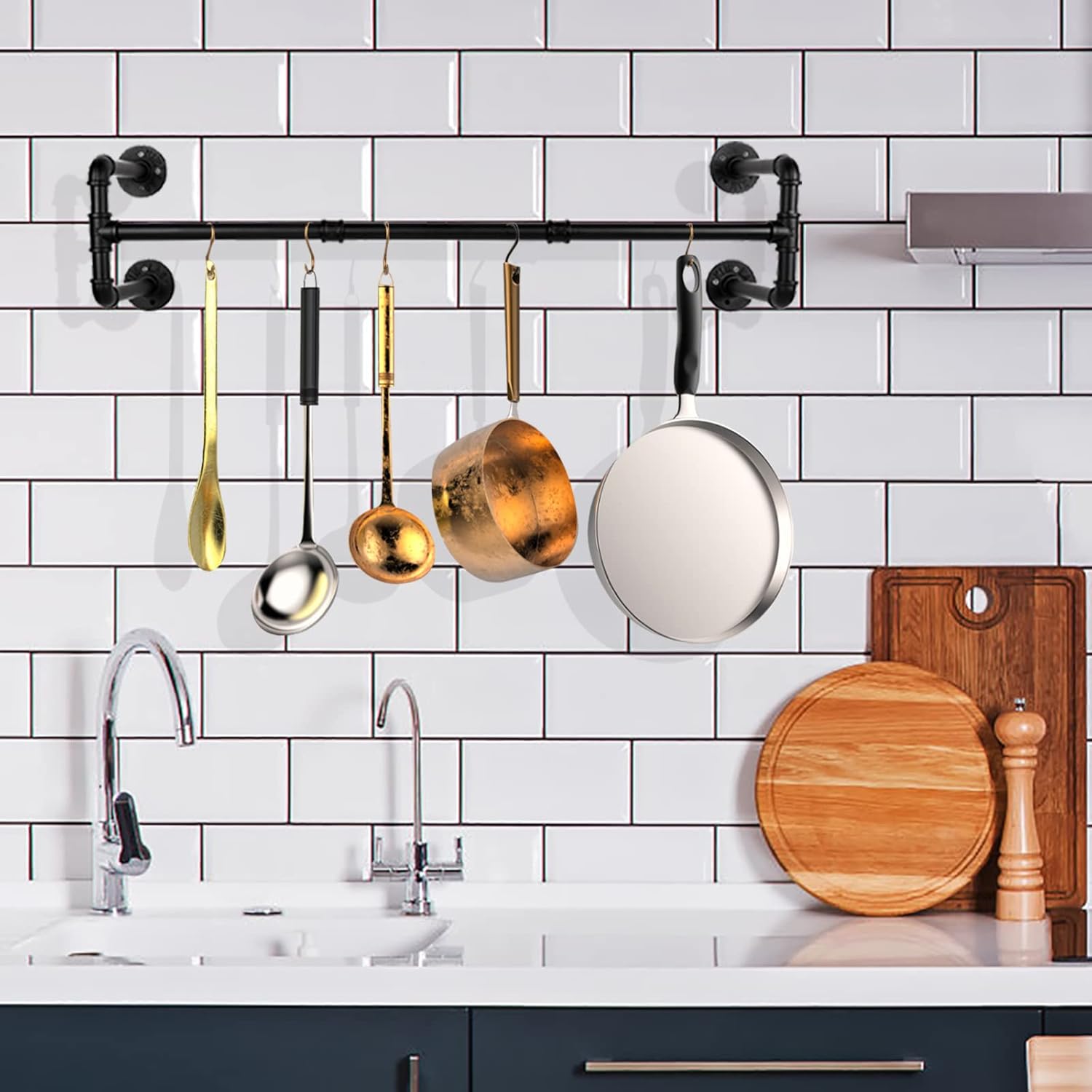 54” Wall Mounted Clothes Rack, Industrial Pipe Black Iron Garment Bar, Heavy-Duty Detachable Clothing Rod, Multi-Purpose Metal Wall display Hanging Pole for Closet Storage, Laundry Room 4 Base