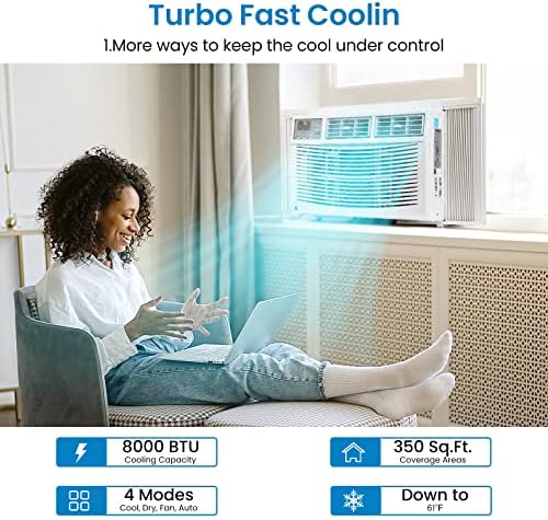 8000 BTU Small Window Air Conditioner, Window AC Units with Cool and Fan Functions, Quiet Operation, Effortless Temperature Control, White