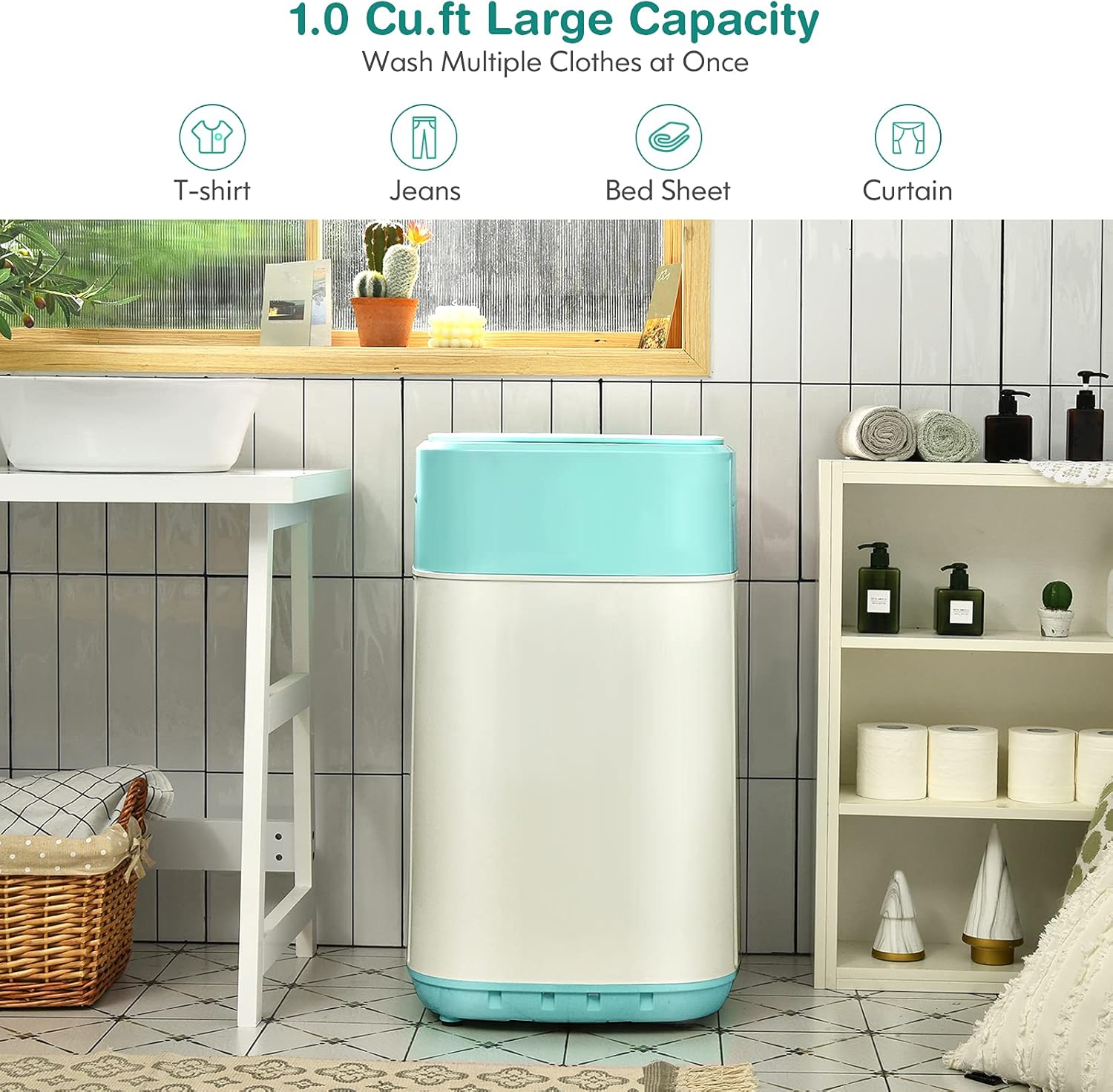 COSTWAY Portable Washing Machine, 8 Lbs Capacity, Built-in Drain Pump, Compact Laundry Washer with 6 Programs, 6 Water Levels, Child Lock, Full-Automatic washer for RV, Dorm, Apartment, Green