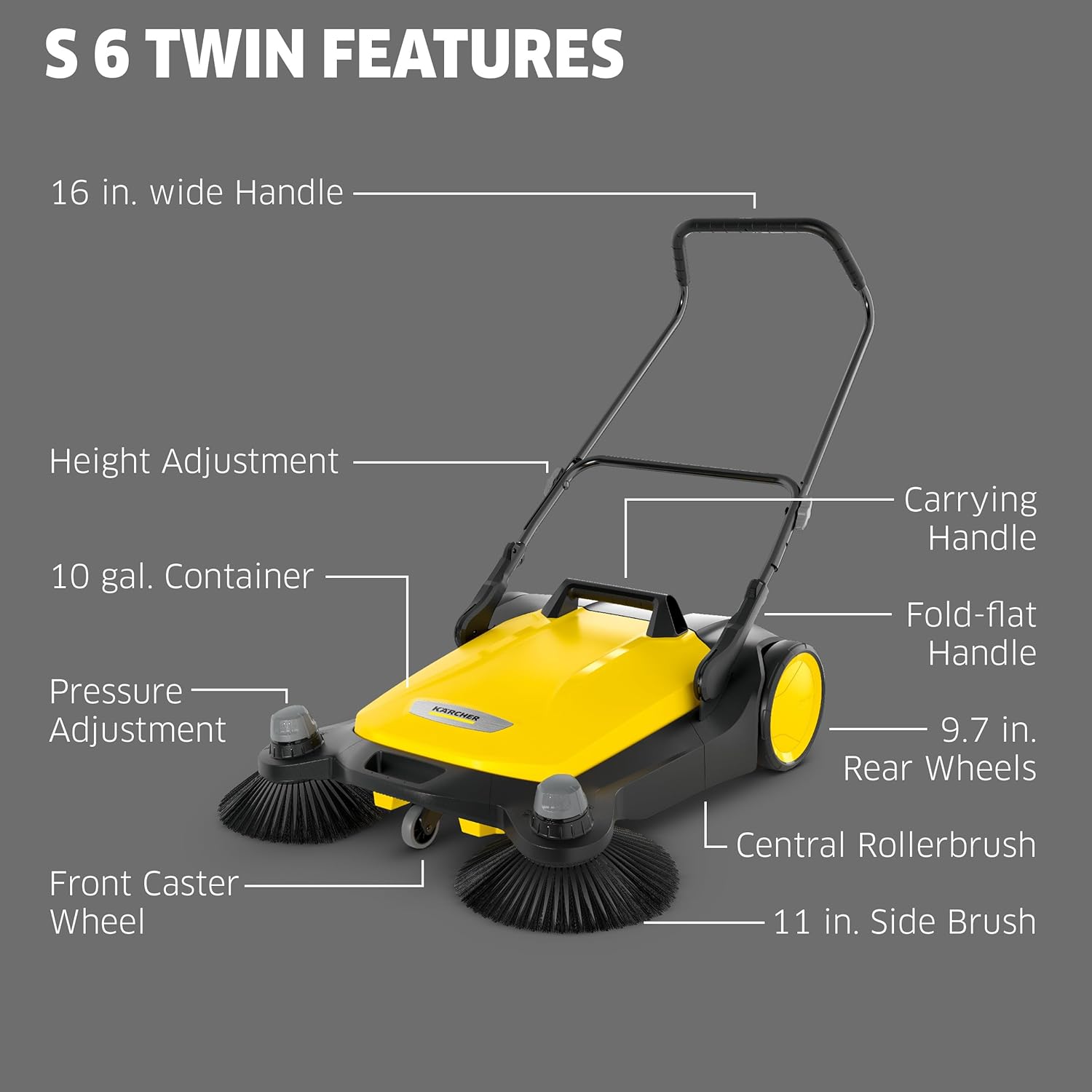 Kärcher Walk-Behind Outdoor Push Sweeper S 6 Twin for Workshops, Warehouses or Garages - 6X Faster Than a Push Broom, 10 Gallon Capacity, 33.9
