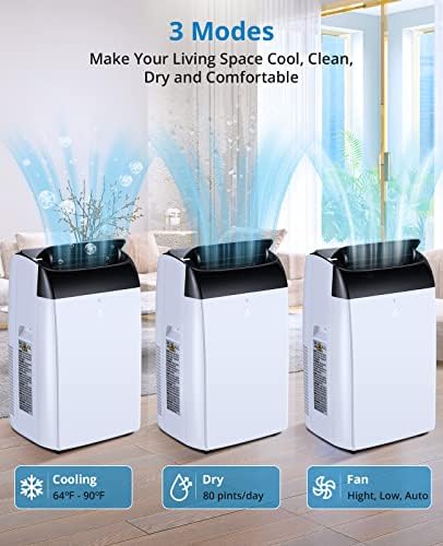 12000 BTU Portable Air Conditioner, with Remote Control, 3-in-1 Free Standing Cooling AC Unit with Fan & Dehumidifier, Cools Room up to 550 sq.ft, Smart/Sleep Mode,3 Speed,Auto Swing,24H Timer, White