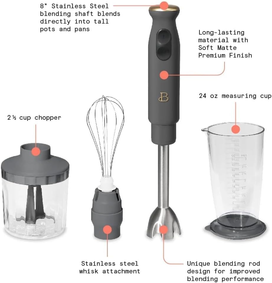 Beautiful 2-Speed Immersion Blender with Chopper & Measuring Cup, Stainless Steel Shaft, Quiet 250W Motor, Cornflower Blue Finish, Dishwasher Safe, Includes Whisk & 24 oz Beaker (Oyster Gray)