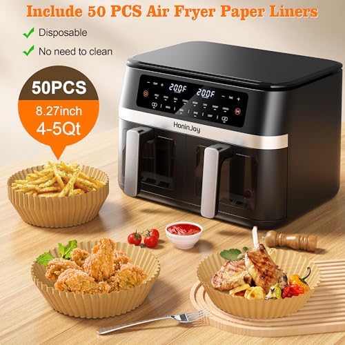 12QT Large Dual Basket Air Fryer with Viewing Window and 50pcs Paper Liners, 10-in-1 Digital Touchscreen Double Zone Air Fryers, SyncCook to Bake,Roast,Reheat,Broil, Nonstick Dishwasher Safe