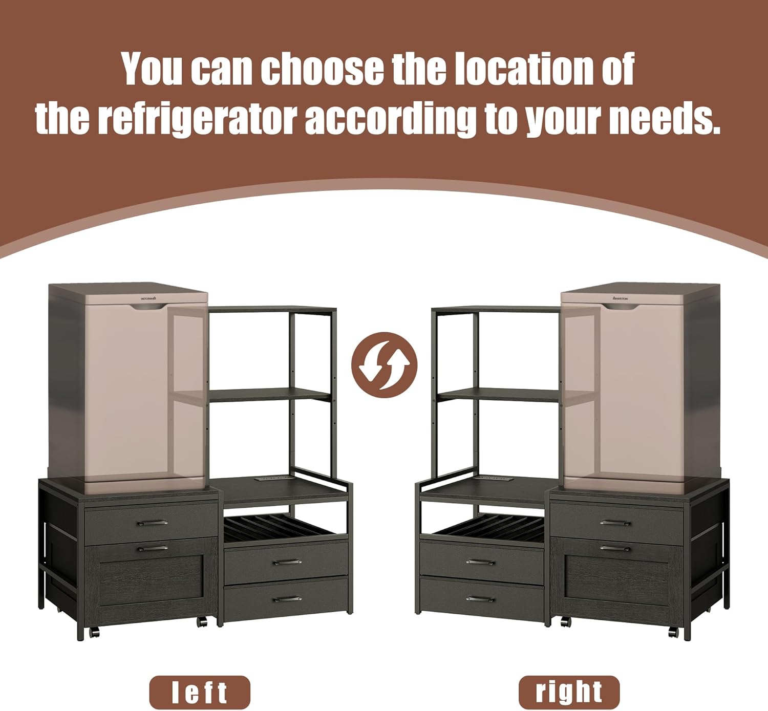 Mini Fridge Stand with Wine Rack, Kitchen Bakers Rack with Power Outlet, Microwave Oven Stand, Coffee Bar, Movable Drawers, for Dorm,Office, Black HB04BXB