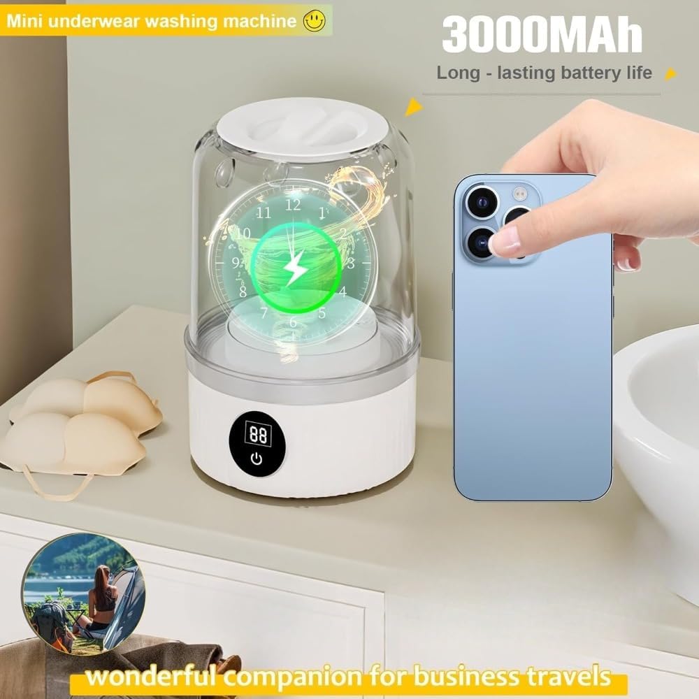 Portable Washing Machine - 2025 Upgraded Cordless Mini Washer for Underwear, Socks, Rechargeable Laundry Cup, White