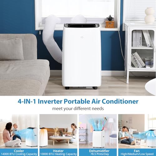 14,000BTU (13,600BTU SACC) Inverter Dual Hose Cooling Portable Air Conditioner, Heater, Dehumidifier, and Fan, Cools up to 750 Sq. Ft Bedroom, Office, Kitchen, Includes Remote Control & Window Kit