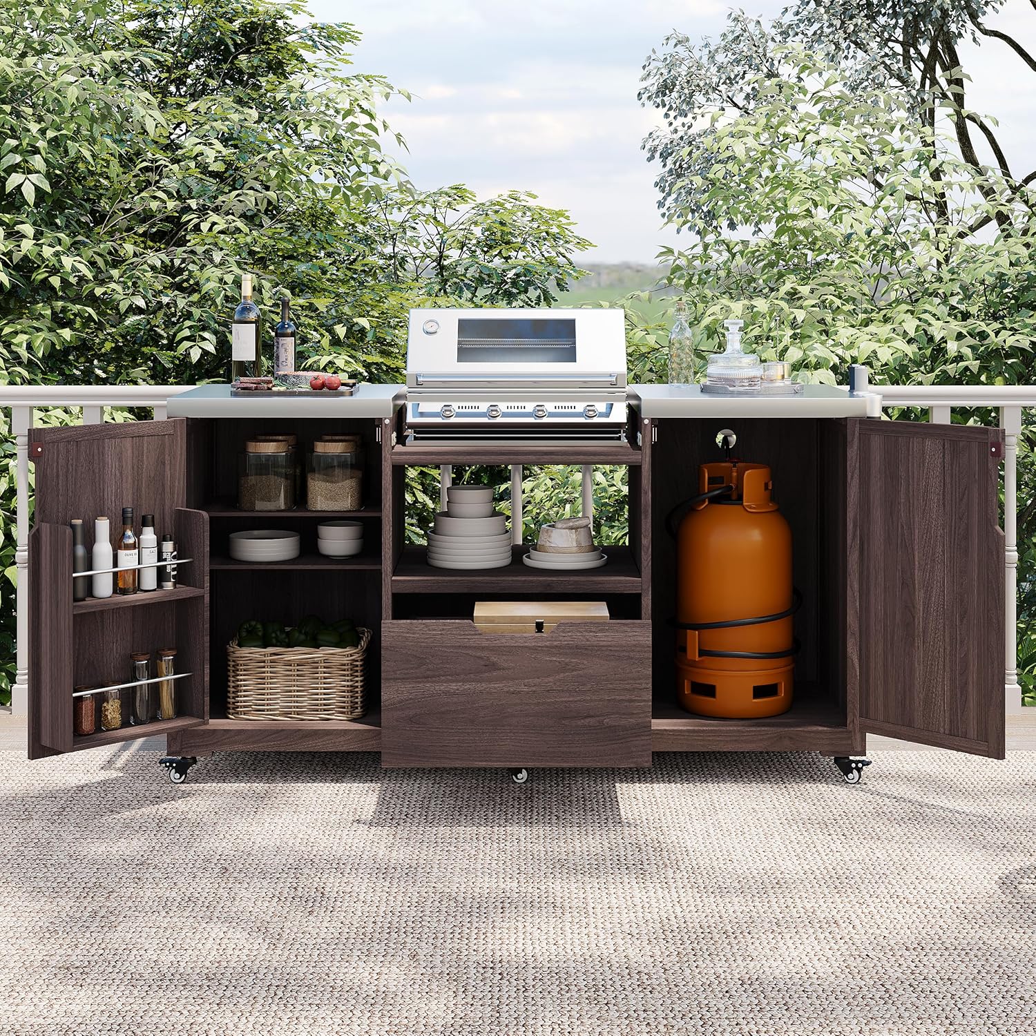 RUNNA Outdoor Kitchen Island for Big Green Egg Grills, Solid Wood Outdoor Grill Cart for Tabletop Grill with Stainless Steel Top, Drawer, Compatible with Large Big Green Egg, Kamado Joe (Brown@029)