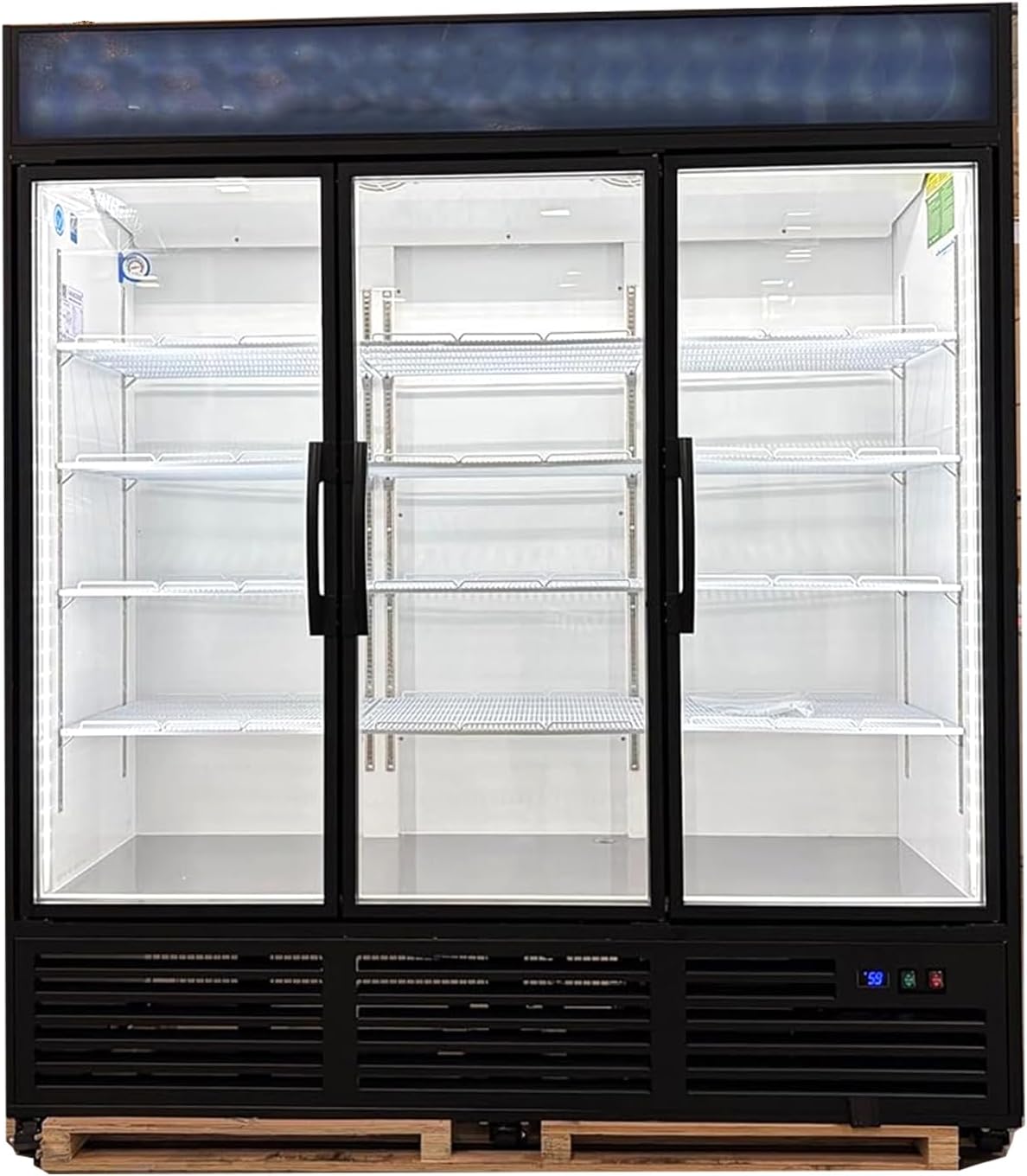 71” Wide Commercial Beverage Refrigerator Display Fridge, Three Glass Door Stainless Steel Merchandiser Drink Cooler With LED Light Adjustable Shelves,ETL Sanitation,63.5 Cu Ft,Black,(Wheels Included)