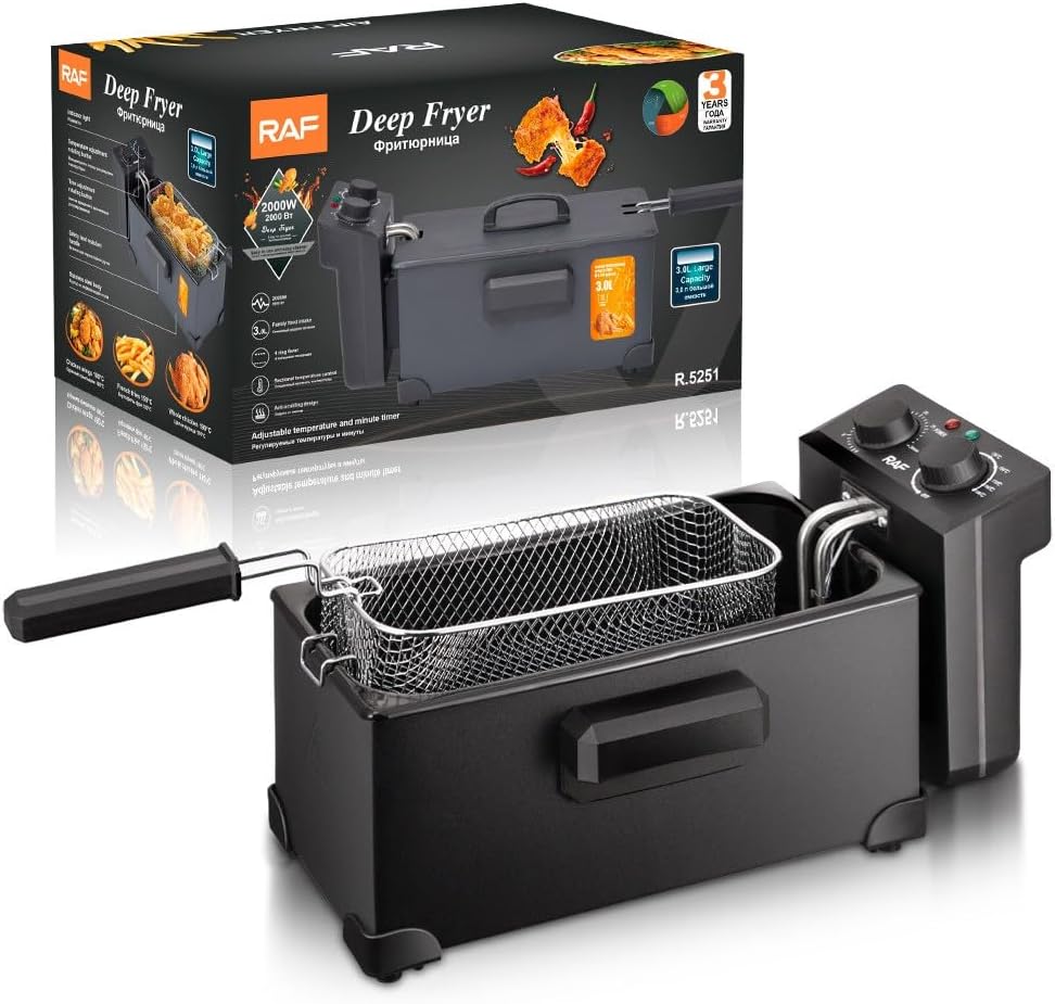 Electric Deep Fryer with Basket & Lid - 2000W Stainless Steel Fryer Pot, 3L Capacity for Home Use - Professional Frying System for Chicken, Fries