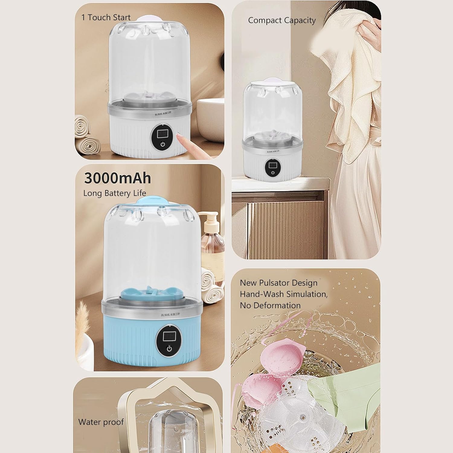 Portable Washing Machine, Mini Underwear Washing Machine, Rechargeable Cordless Small Laundry Washer for Socks Travel RV Apartment Hotel Dorm (White)