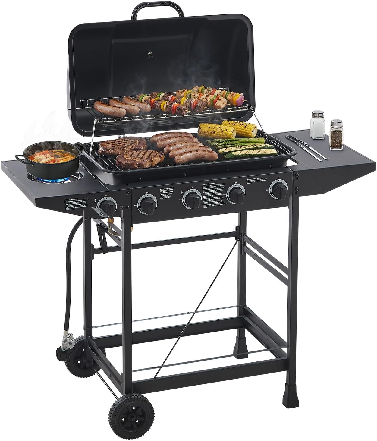 4 Burner BBQ Propane Gas Grill with Side Burner, 42000 BTU Output, Stainless Steel Barbecue Grill with Enamel-Coated Grates and Side Tables for Outdoor Cooking Kitchen and Patio Backyard
