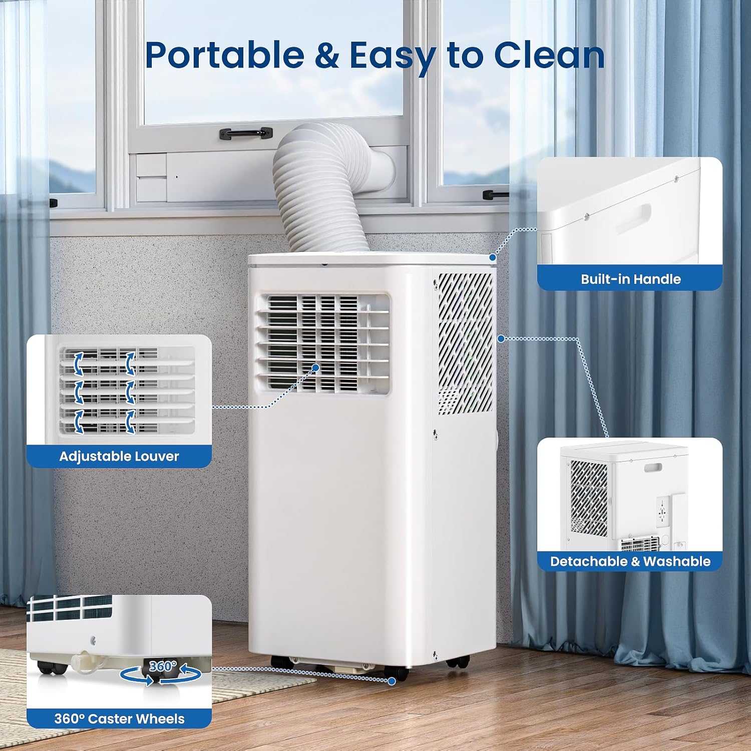 3-in-1 Portable AC Units Cools 350 Sq.Ft.,8000BTU Portable Air Conditioners Coolerwith Remote Control 24H Timer Sleep Mode,AC Unit for Indoor Use Bedroom Dorm