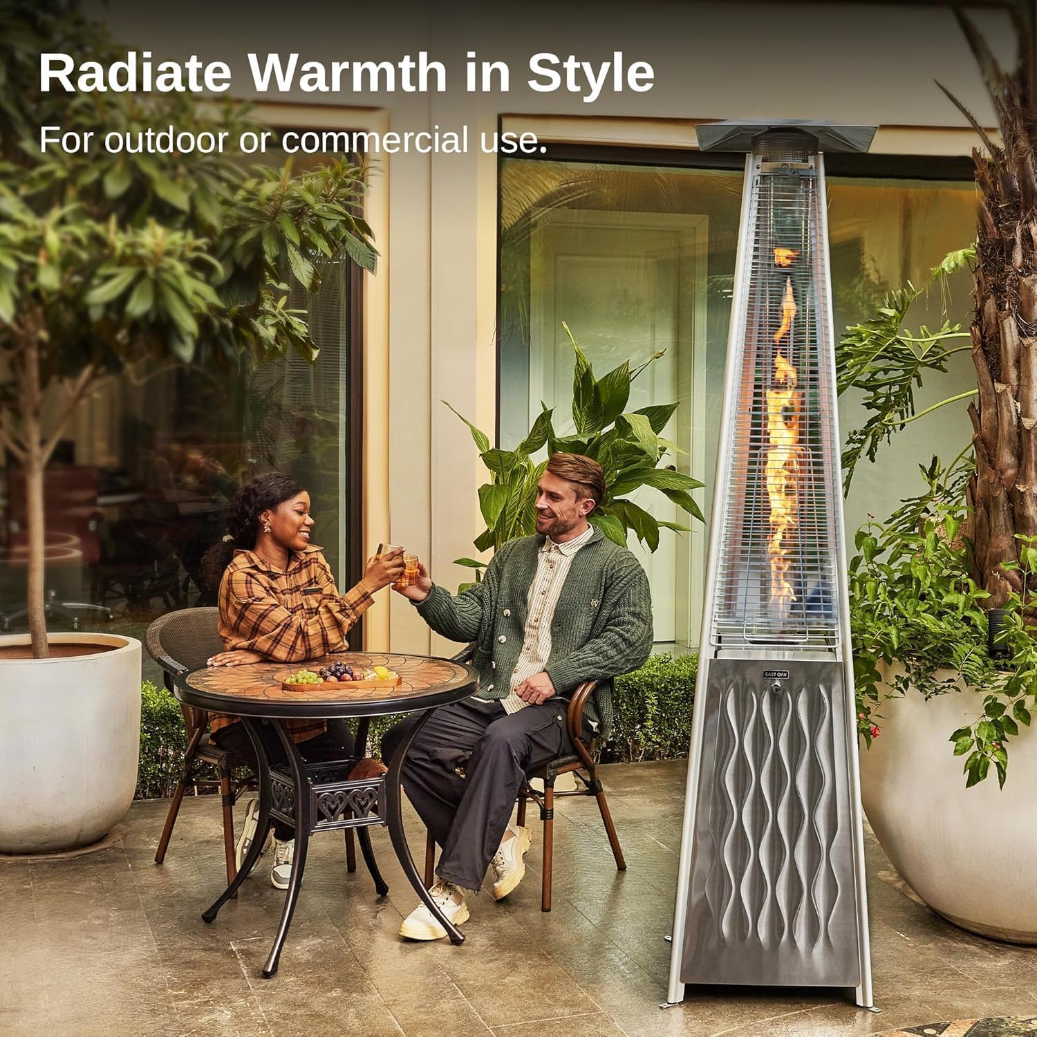 EAST OAK 48,000 BTU Pyramid Patio Heater, Quartz Glass Tube Propane Outdoor Heater with Wheels, Triple Safety Protection, 2025 Upgrade for Home, Backyard & Commercial Spaces, Stainless Steel
