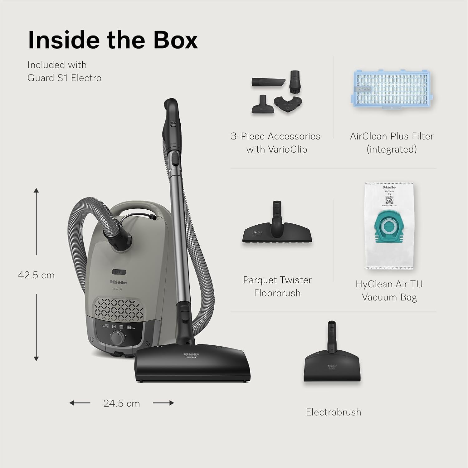 Miele Guard S1 Electro Bagged Canister Vacuum Cleaner, AirClean Plus Filtration, SEB 217-3 Electrobrush & SBB 300-3 Parquet Twister, 1200W Powerful Suction, Compact & Lightweight, Casa Grey