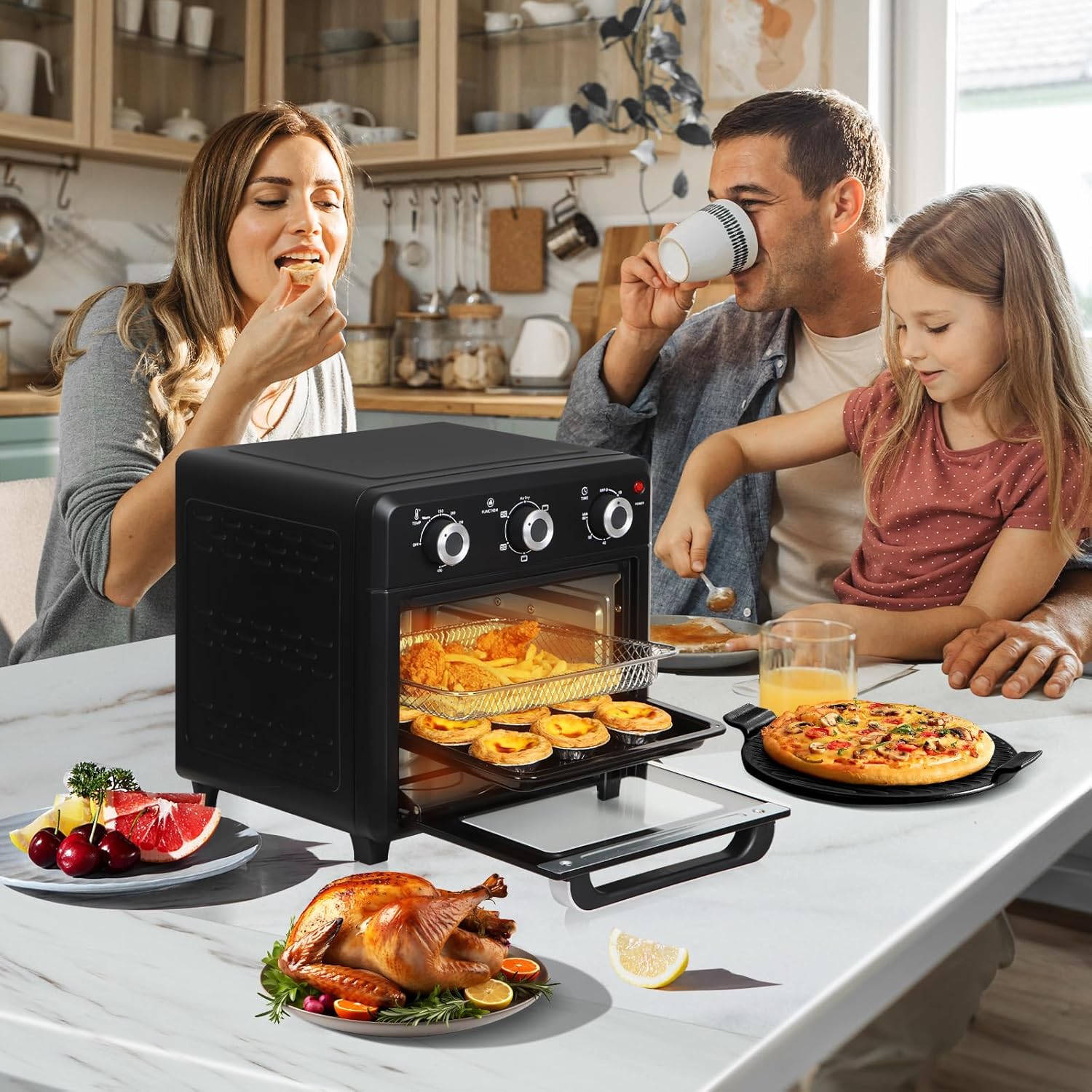 Panana Compact Airfryer Toaster Oven, 1400W 21QT with 6-in-1 Multifunctions and Wide Temperature Range, Air Fryer Oven with 60-Minute Timer/Auto-Off, Stainless Steel Countertop Oven (Black)
