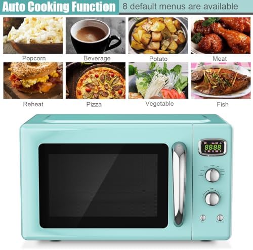 Retro Microwave Oven 0.9Cu.ft，900W Compact Countertop Microwave w/5 Micro Power & 8 Auto Cooking, Child Lock, Timer Setting & Glass Turntable, LED Display, Mint Green