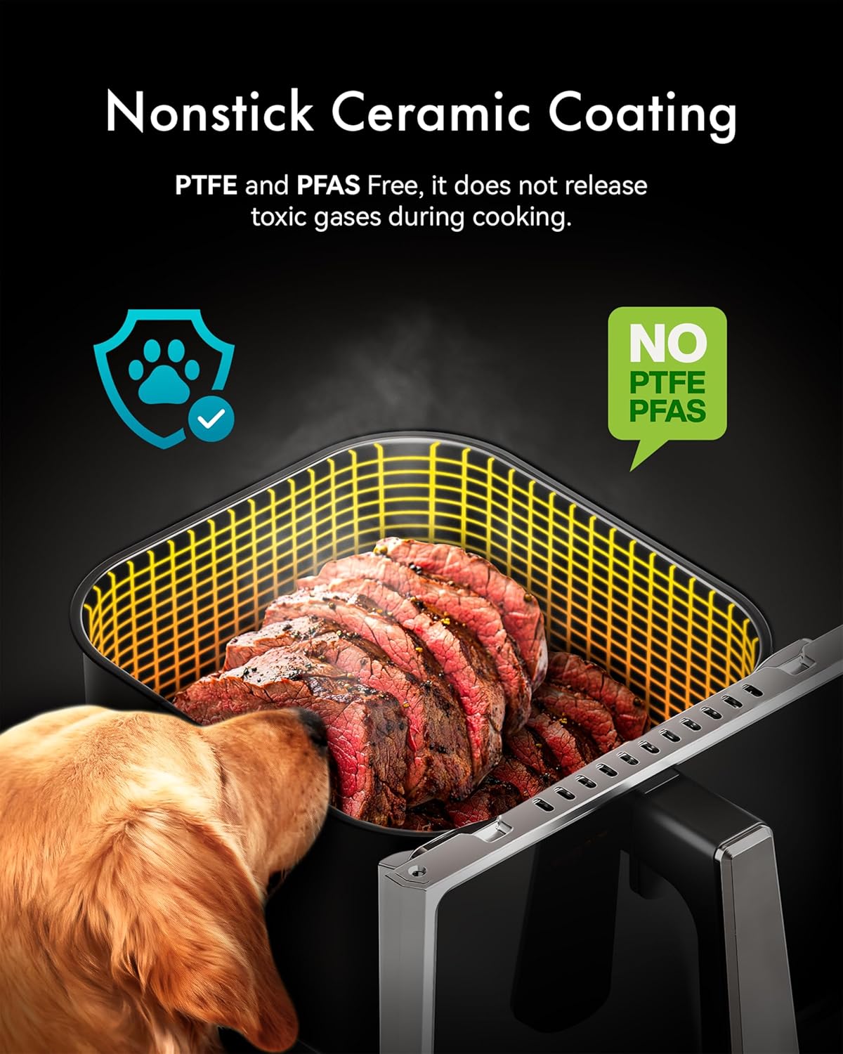 Stainless Steel Air Fryer 6 Qt, Ceramic glaze Air Fryer, Stainless Steel Housing& Full Metal Inner Pot, PTFE and PFAS Free, 9 Digital One-Touch Cook Functions,120°F~450°F, 1700W