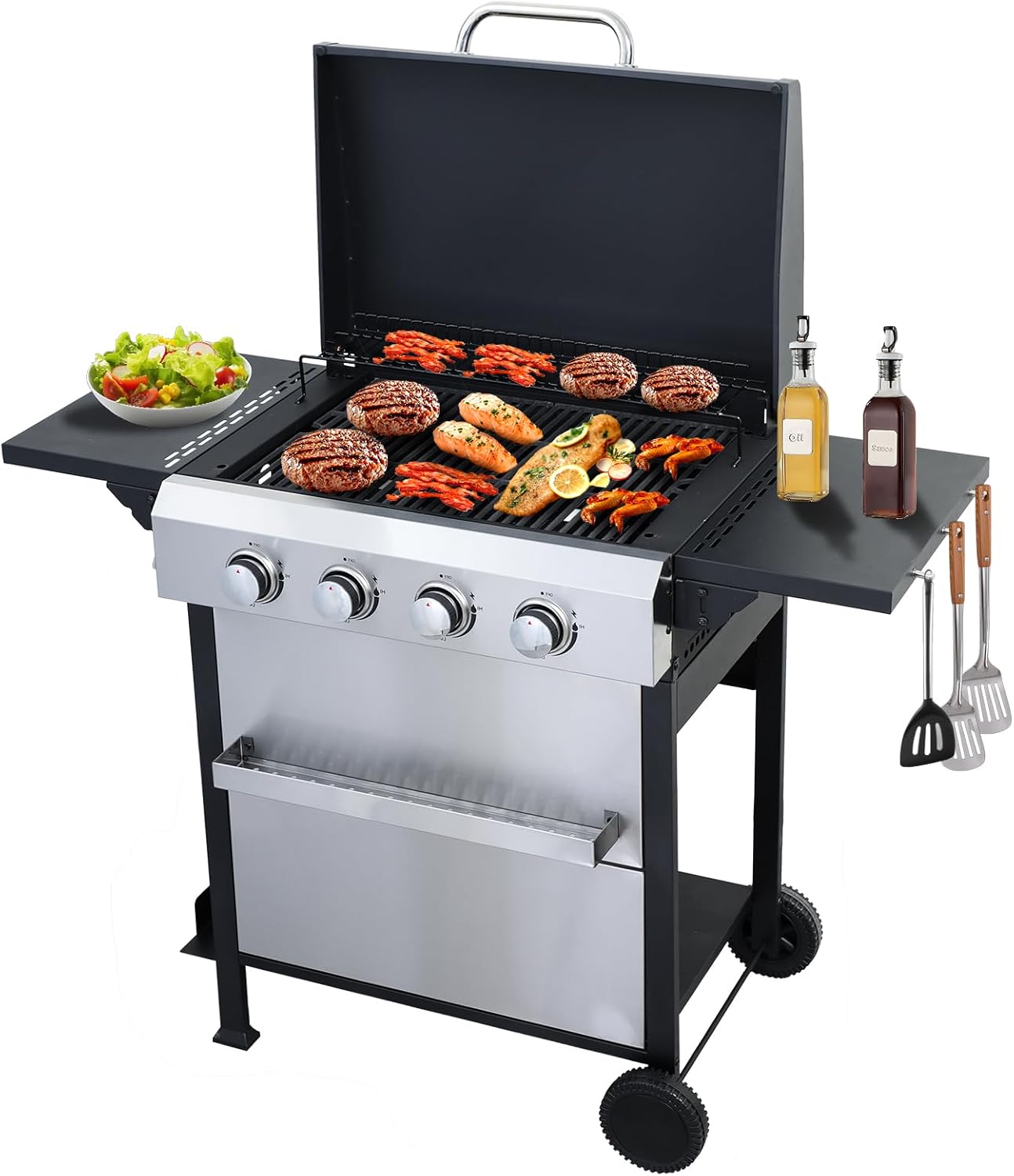 CIG GARDEN 4 Burner Propane Gas Grill, 42,000 BTU Output Flat Top BBQ Grill with Stainless Steel Griddle, Perfect for Outdoor Cooking, Balcony, Backyard, Camping, Barbecue