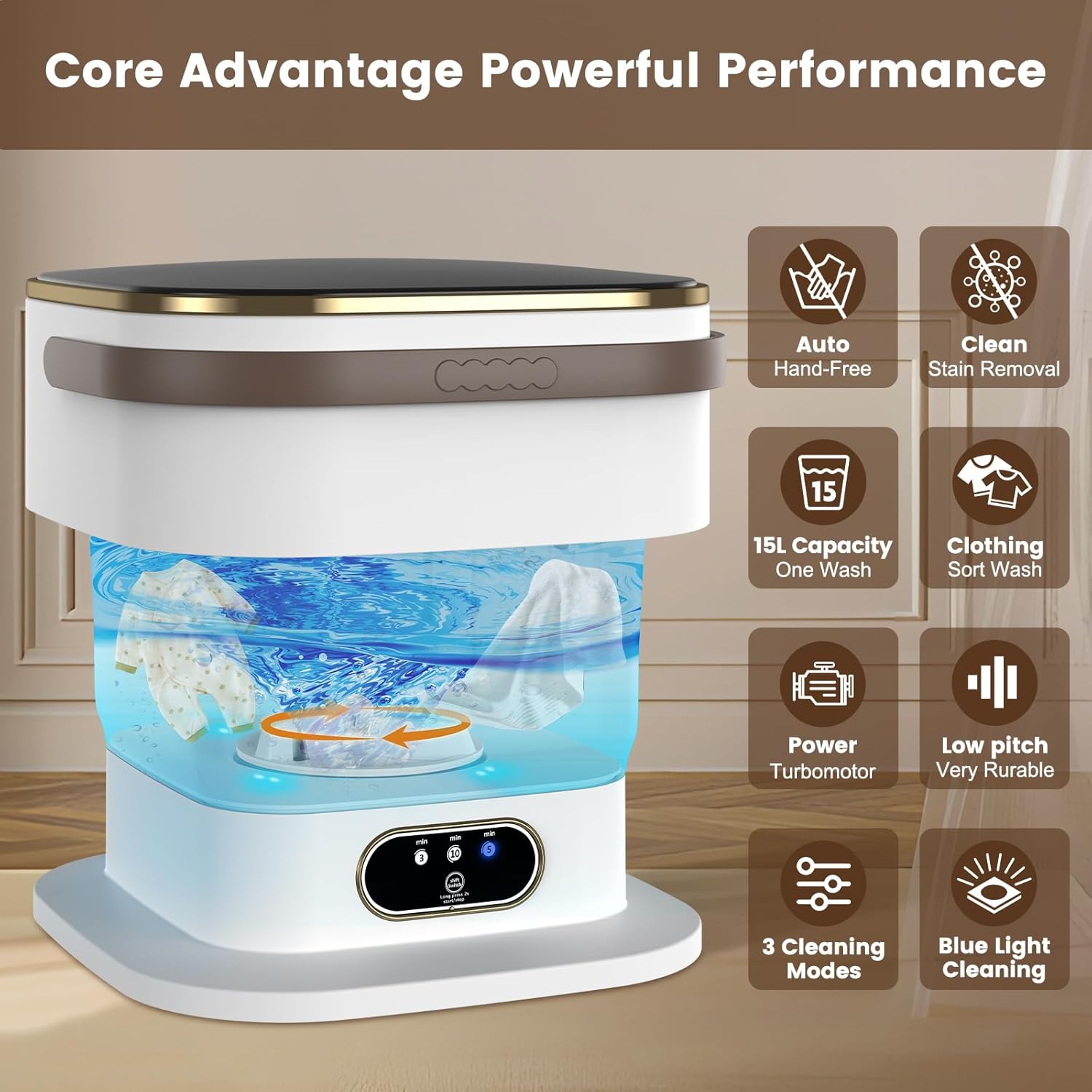 Portable Washing Machine, 15L Mini Washing Machine with Spin Basket & 3 Modes Deep Cleaning, Foldable Mini Washer for Apartments, Dorms, Camping (Khaki)