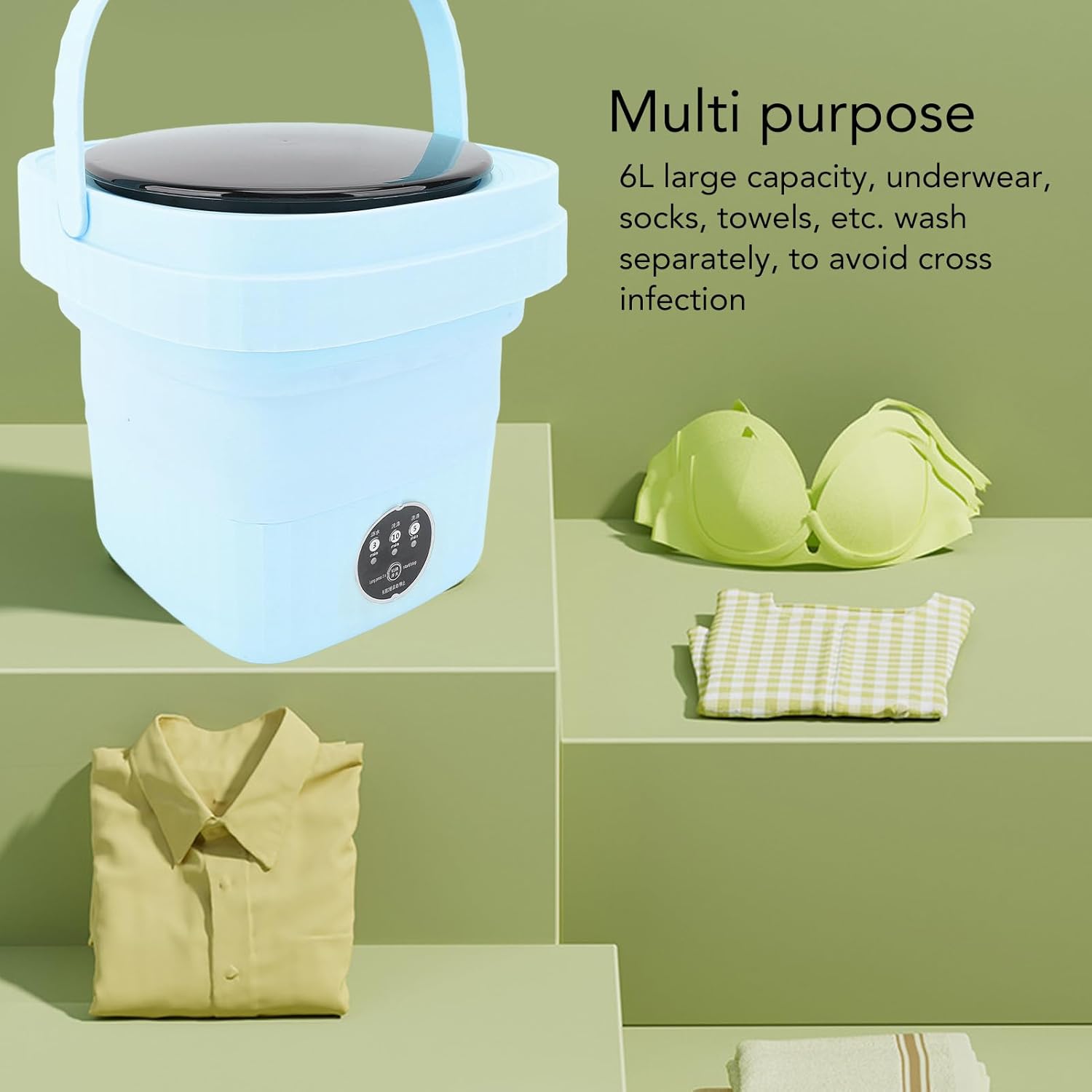 Portable Washing Machine 6L Foldable IPX4 Waterproof Mini Laundry Washer, Portable Travel Apartment Washer Mini Foldable Washer (US Plug)(Blue)